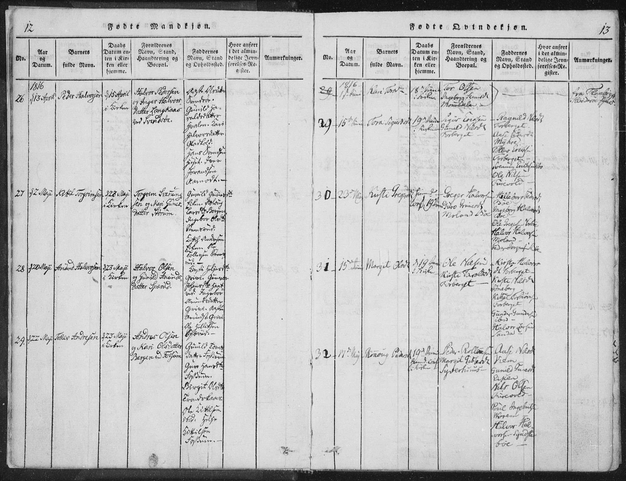 Bø kirkebøker, SAKO/A-257/F/Fa/L0006: Parish register (official) no. 6, 1815-1831, p. 12-13