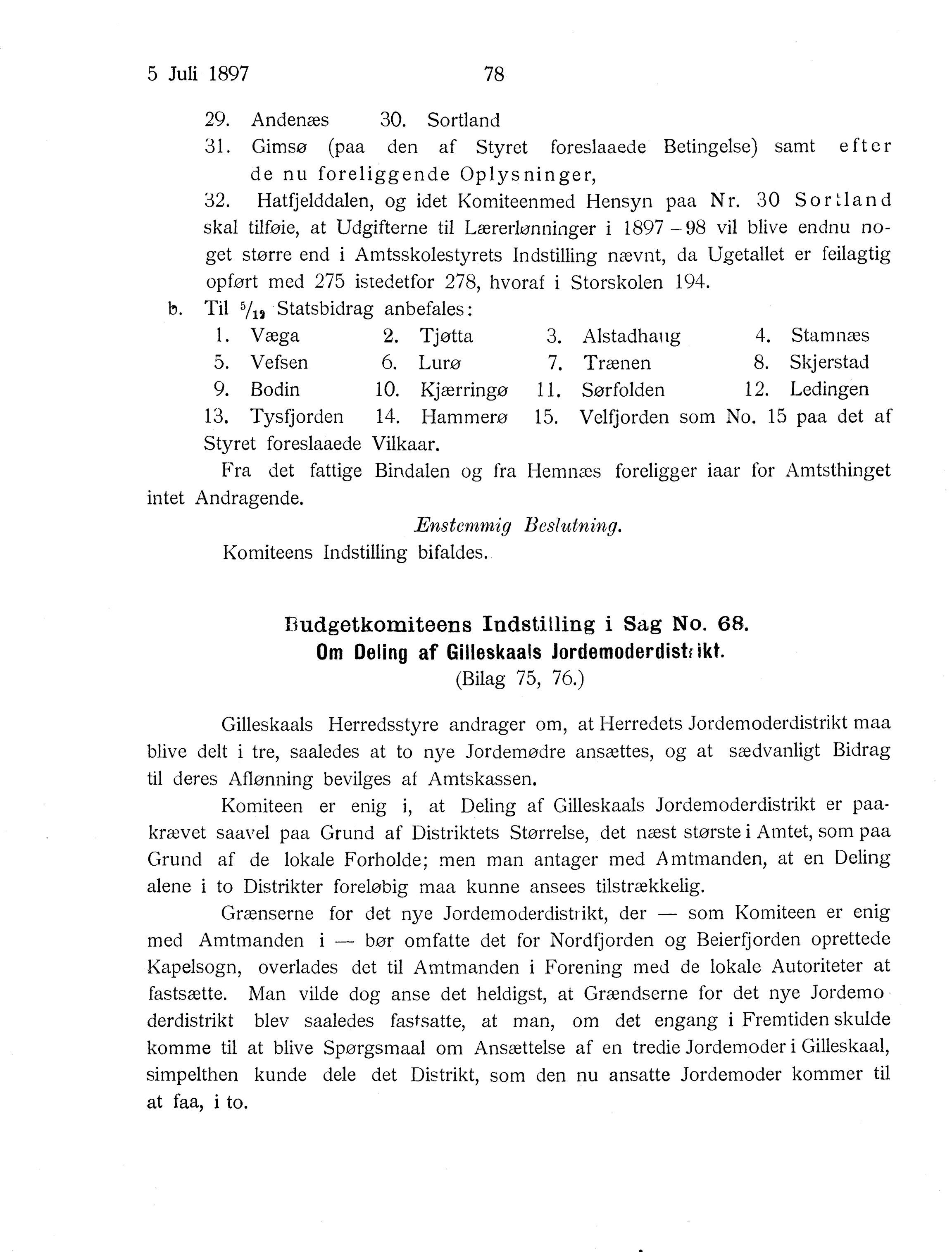 Nordland Fylkeskommune. Fylkestinget, AIN/NFK-17/176/A/Ac/L0020: Fylkestingsforhandlinger 1897, 1897