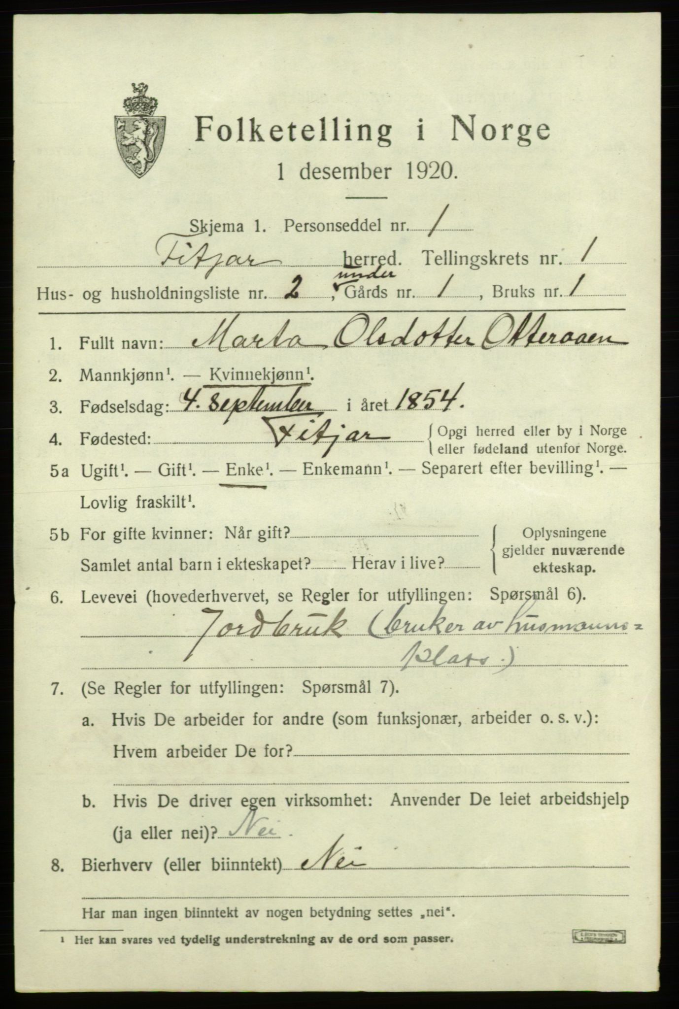 SAB, 1920 census for Fitjar, 1920, p. 956
