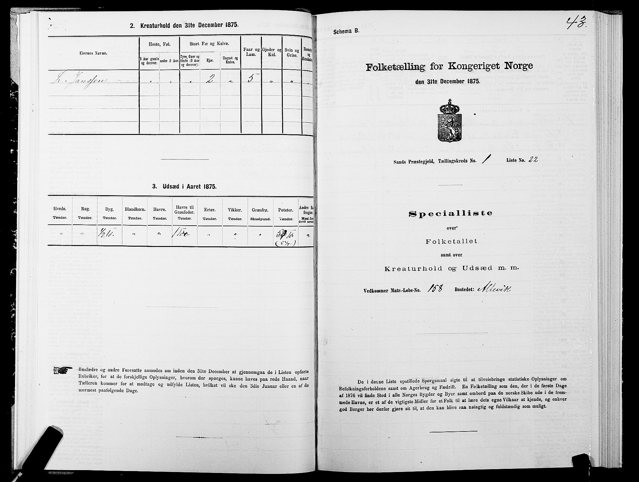 SATØ, 1875 census for 1915P Sand, 1875, p. 1043