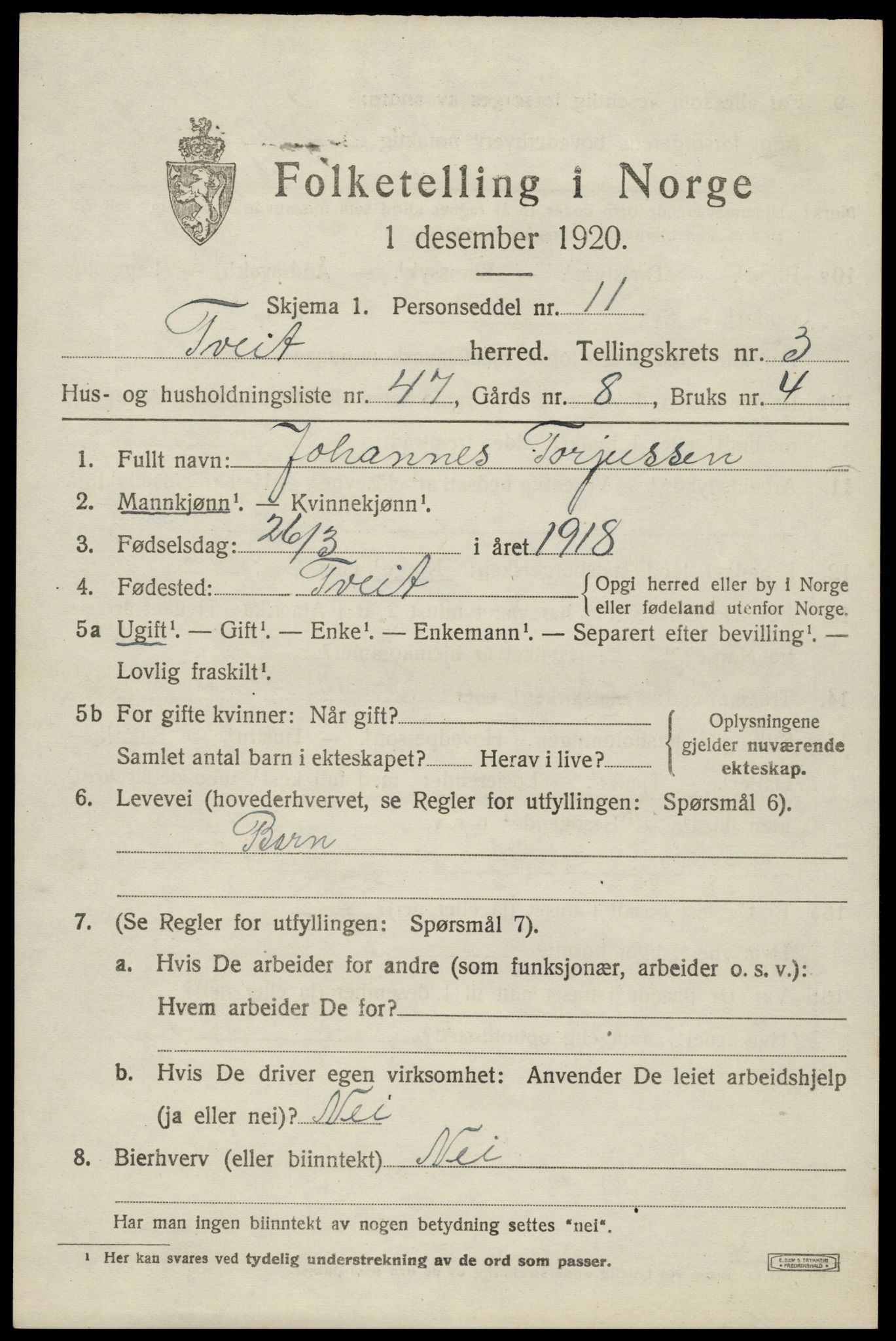 SAK, 1920 census for Tveit, 1920, p. 1968