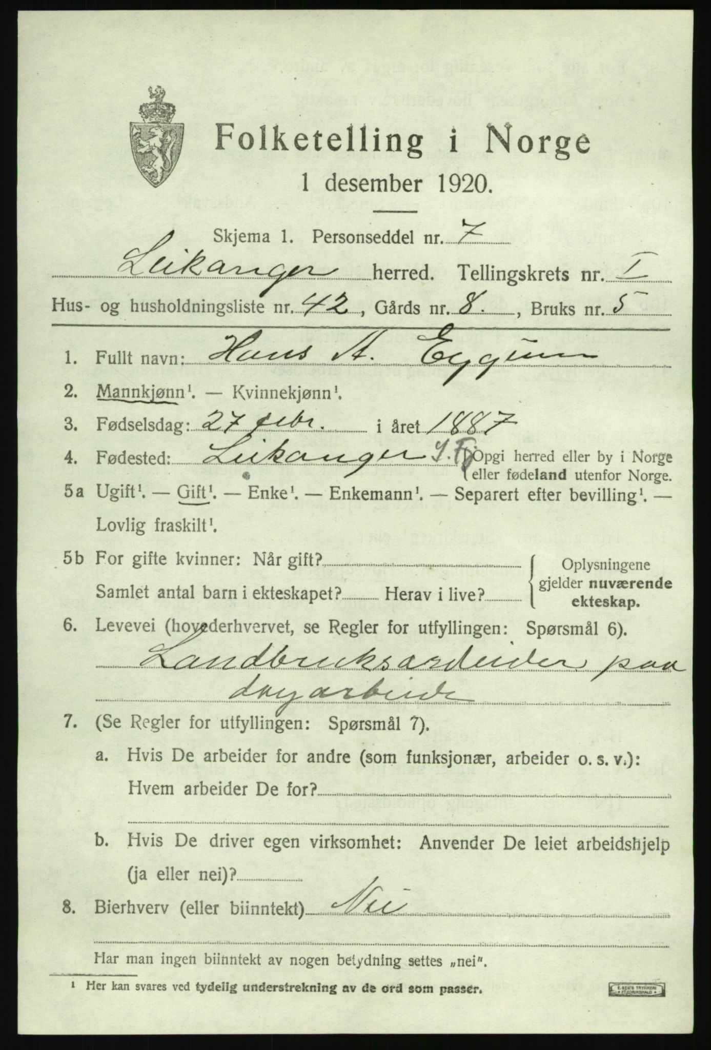 SAB, 1920 census for Leikanger, 1920, p. 1400