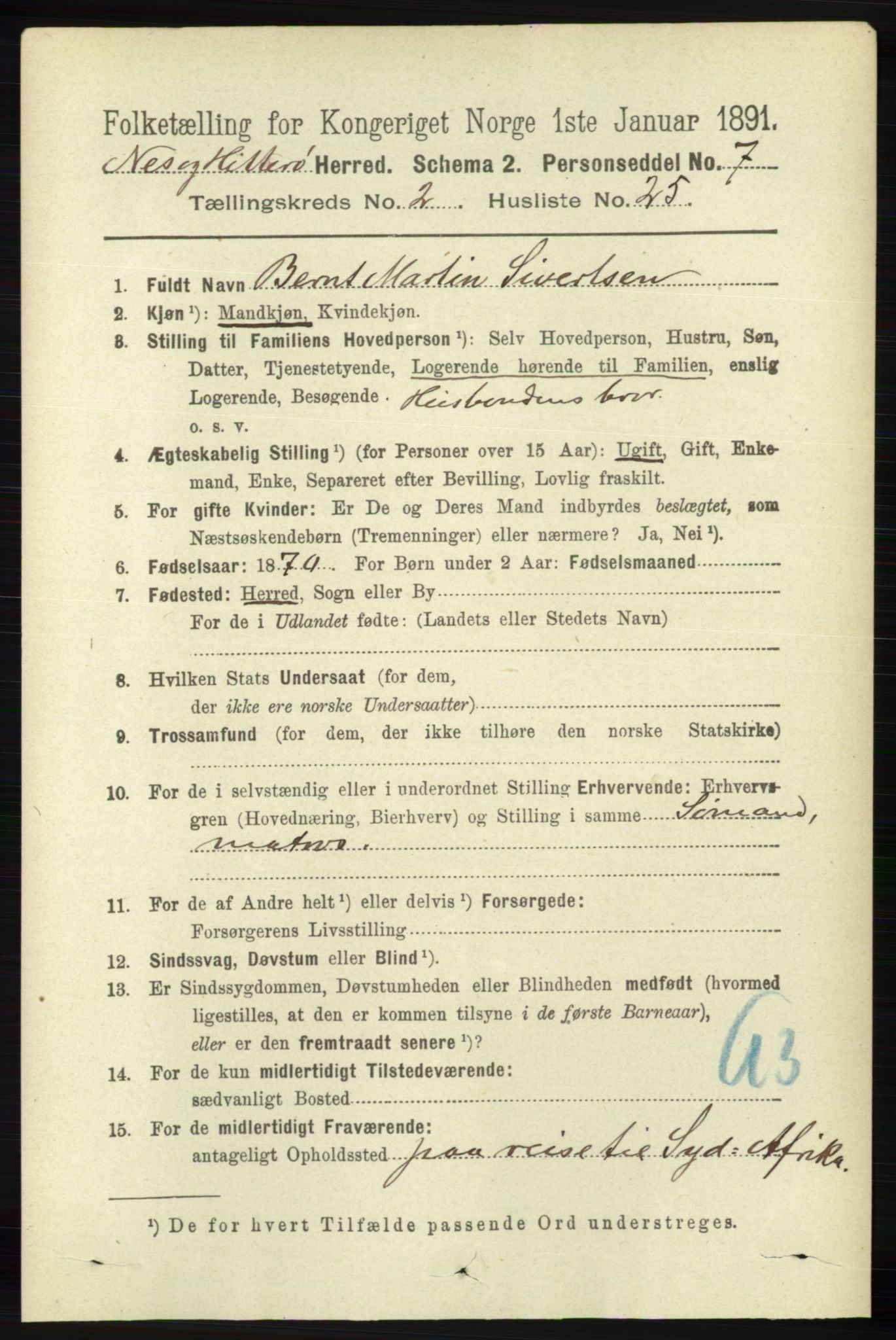 RA, 1891 census for 1043 Hidra og Nes, 1891, p. 680