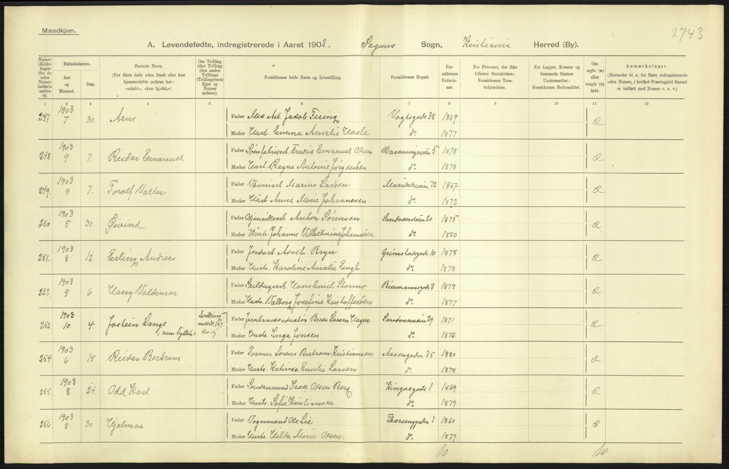 Statistisk sentralbyrå, Sosiodemografiske emner, Befolkning, AV/RA-S-2228/D/Df/Dfa/Dfaa/L0003: Kristiania: Fødte, 1903, p. 139