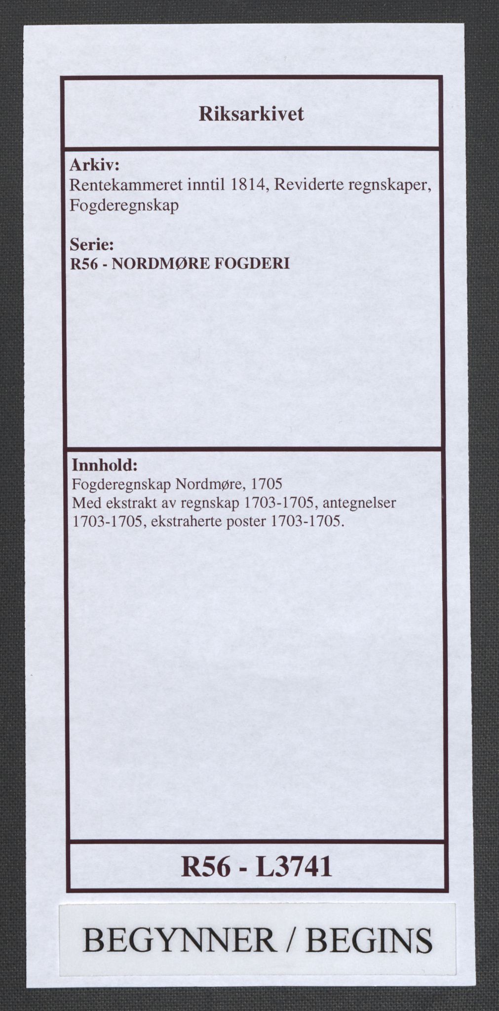 Rentekammeret inntil 1814, Reviderte regnskaper, Fogderegnskap, RA/EA-4092/R56/L3741: Fogderegnskap Nordmøre, 1705, p. 1