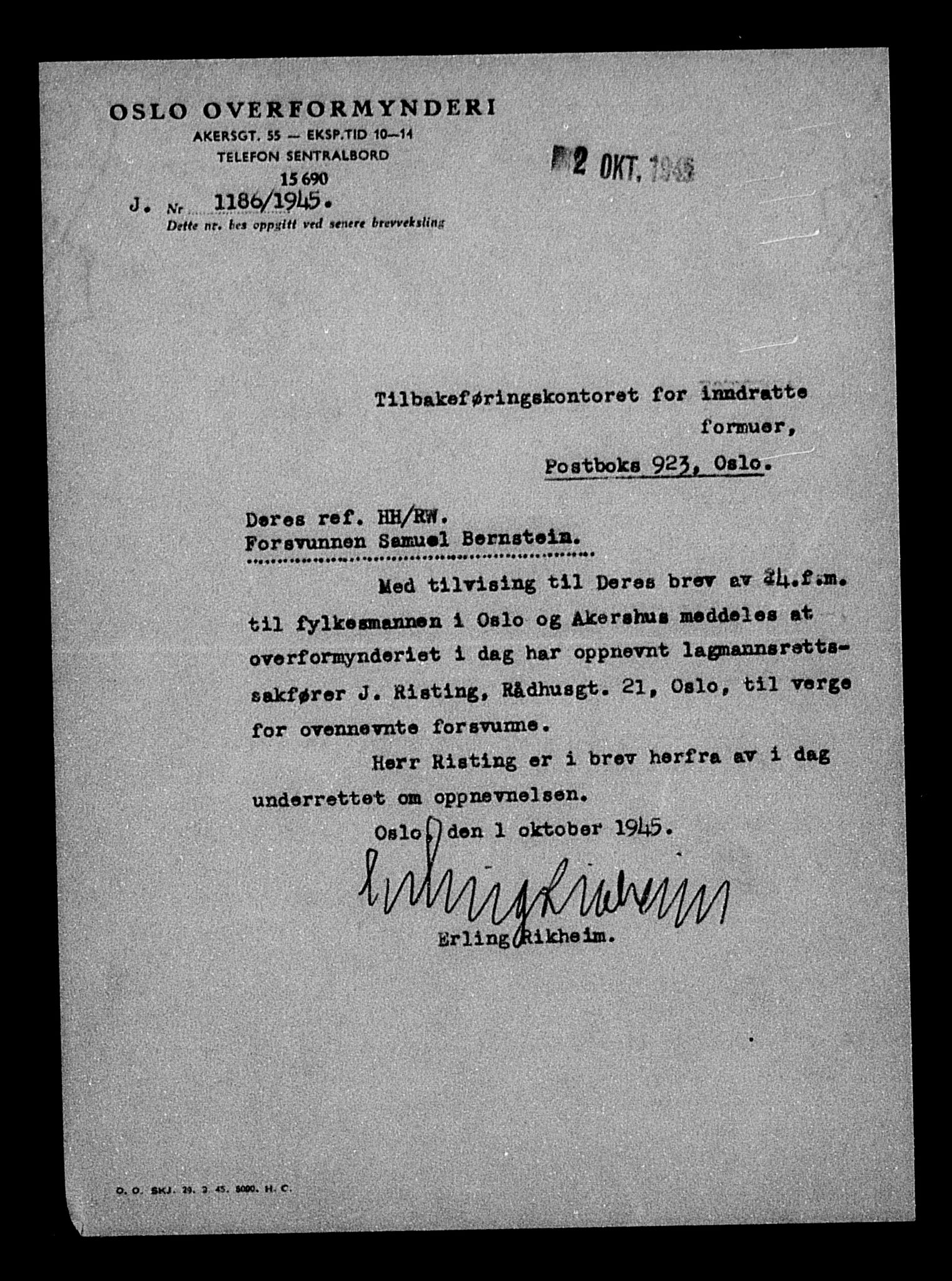 Justisdepartementet, Tilbakeføringskontoret for inndratte formuer, AV/RA-S-1564/H/Hc/Hcc/L0923: --, 1945-1947, p. 591