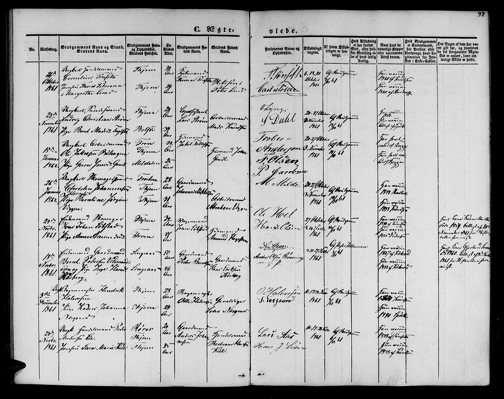 Ministerialprotokoller, klokkerbøker og fødselsregistre - Sør-Trøndelag, AV/SAT-A-1456/602/L0111: Parish register (official) no. 602A09, 1844-1867, p. 97