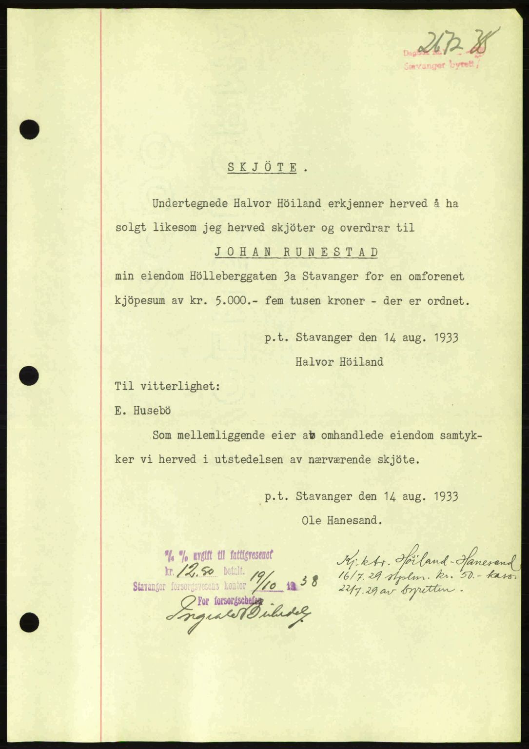 Stavanger byrett, SAST/A-100455/002/G/Gb/L0014: Mortgage book no. A4, 1938-1939, Diary no: : 2672/1938