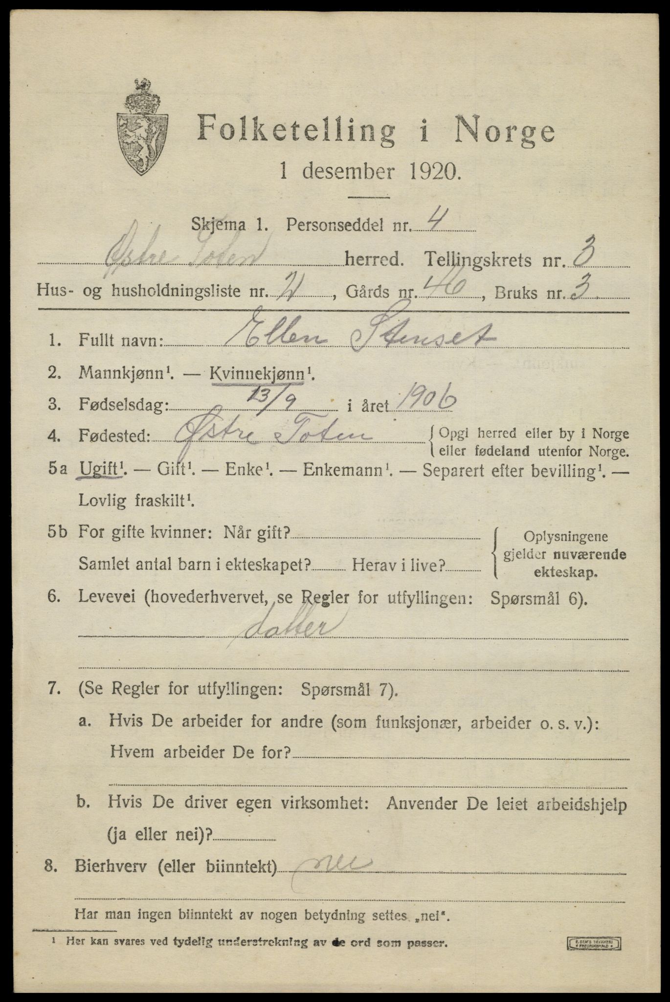 SAH, 1920 census for Østre Toten, 1920, p. 6116