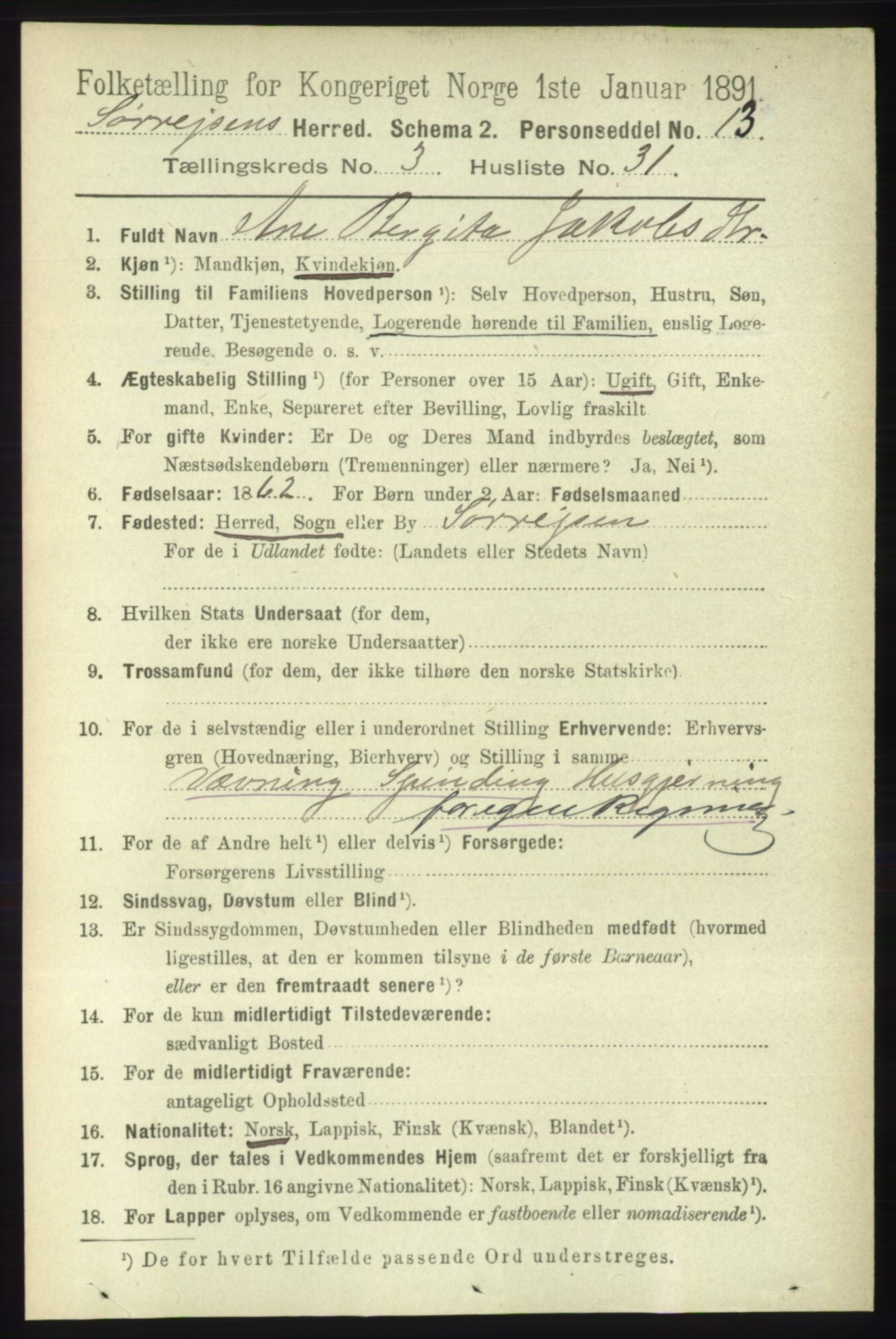 RA, 1891 census for 1925 Sørreisa, 1891, p. 952