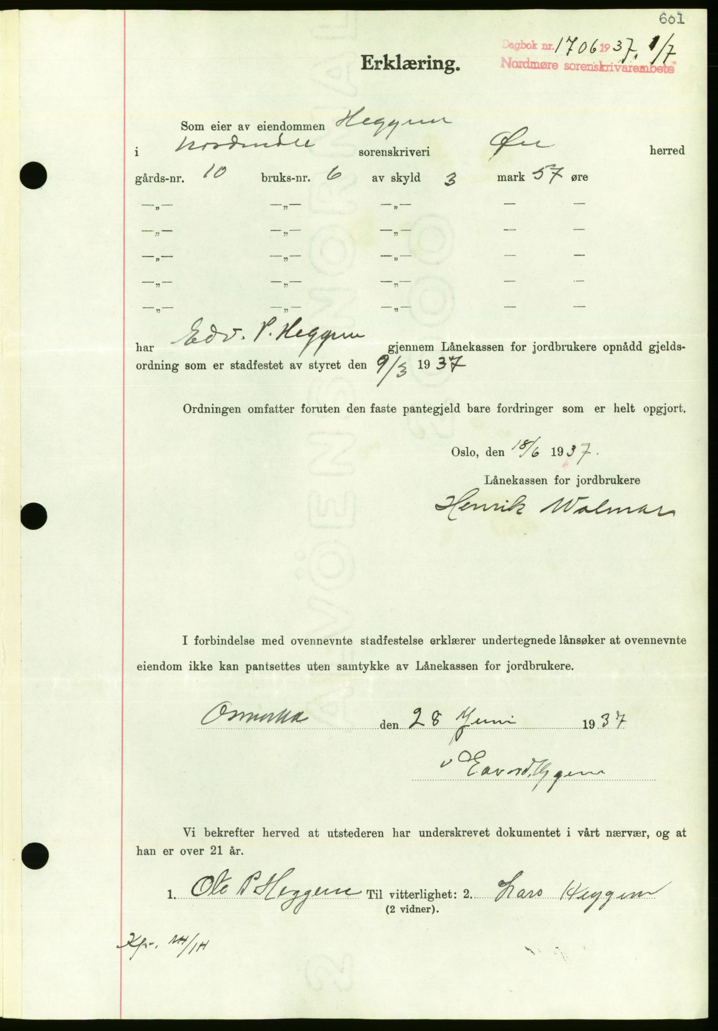 Nordmøre sorenskriveri, AV/SAT-A-4132/1/2/2Ca/L0091: Mortgage book no. B81, 1937-1937, Diary no: : 1706/1937