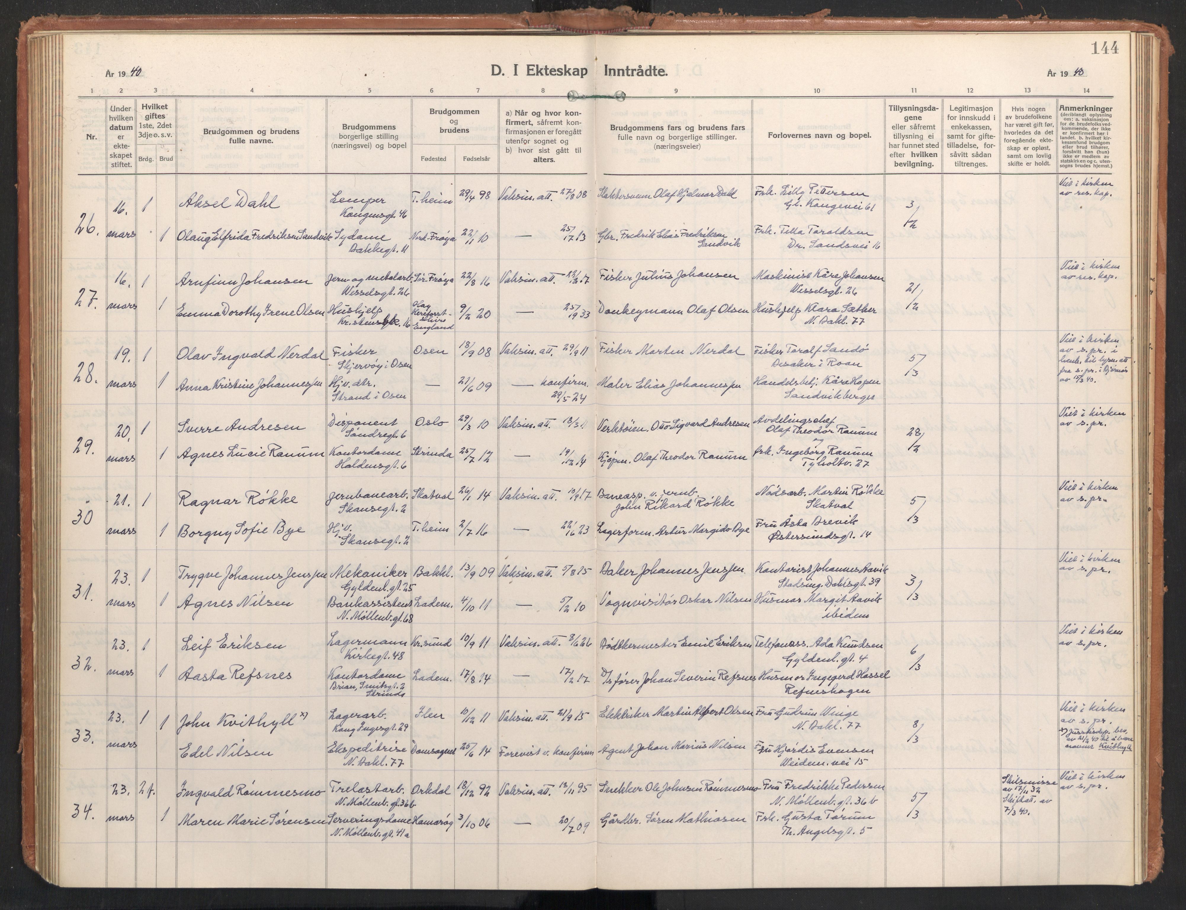 Ministerialprotokoller, klokkerbøker og fødselsregistre - Sør-Trøndelag, AV/SAT-A-1456/604/L0209: Parish register (official) no. 604A29, 1931-1945, p. 144