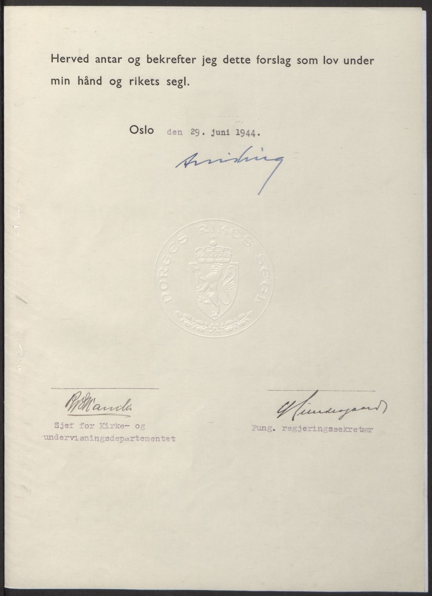 NS-administrasjonen 1940-1945 (Statsrådsekretariatet, de kommisariske statsråder mm), AV/RA-S-4279/D/Db/L0100: Lover, 1944, p. 306