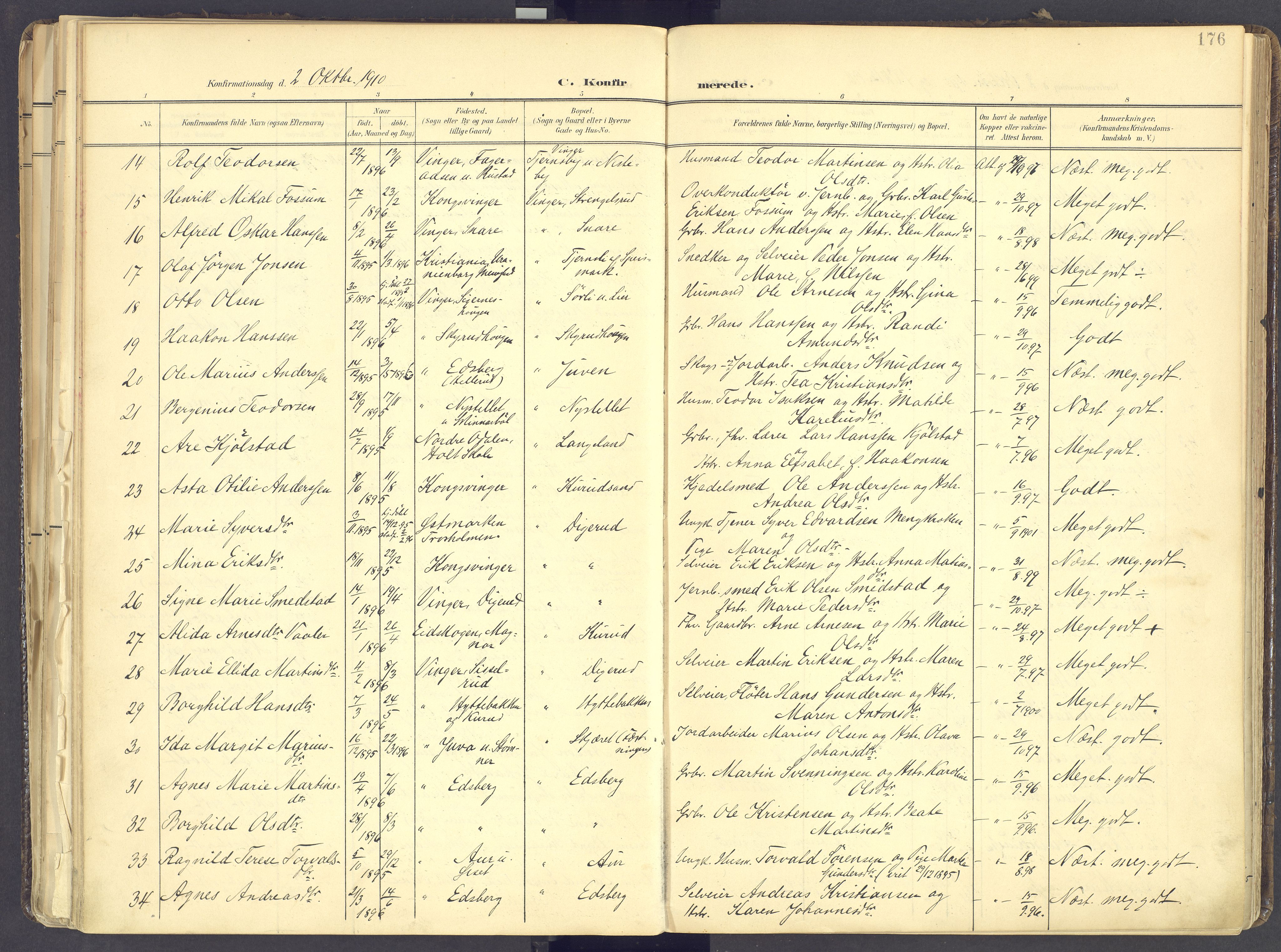 Vinger prestekontor, SAH/PREST-024/H/Ha/Haa/L0017: Parish register (official) no. 17, 1901-1927, p. 176