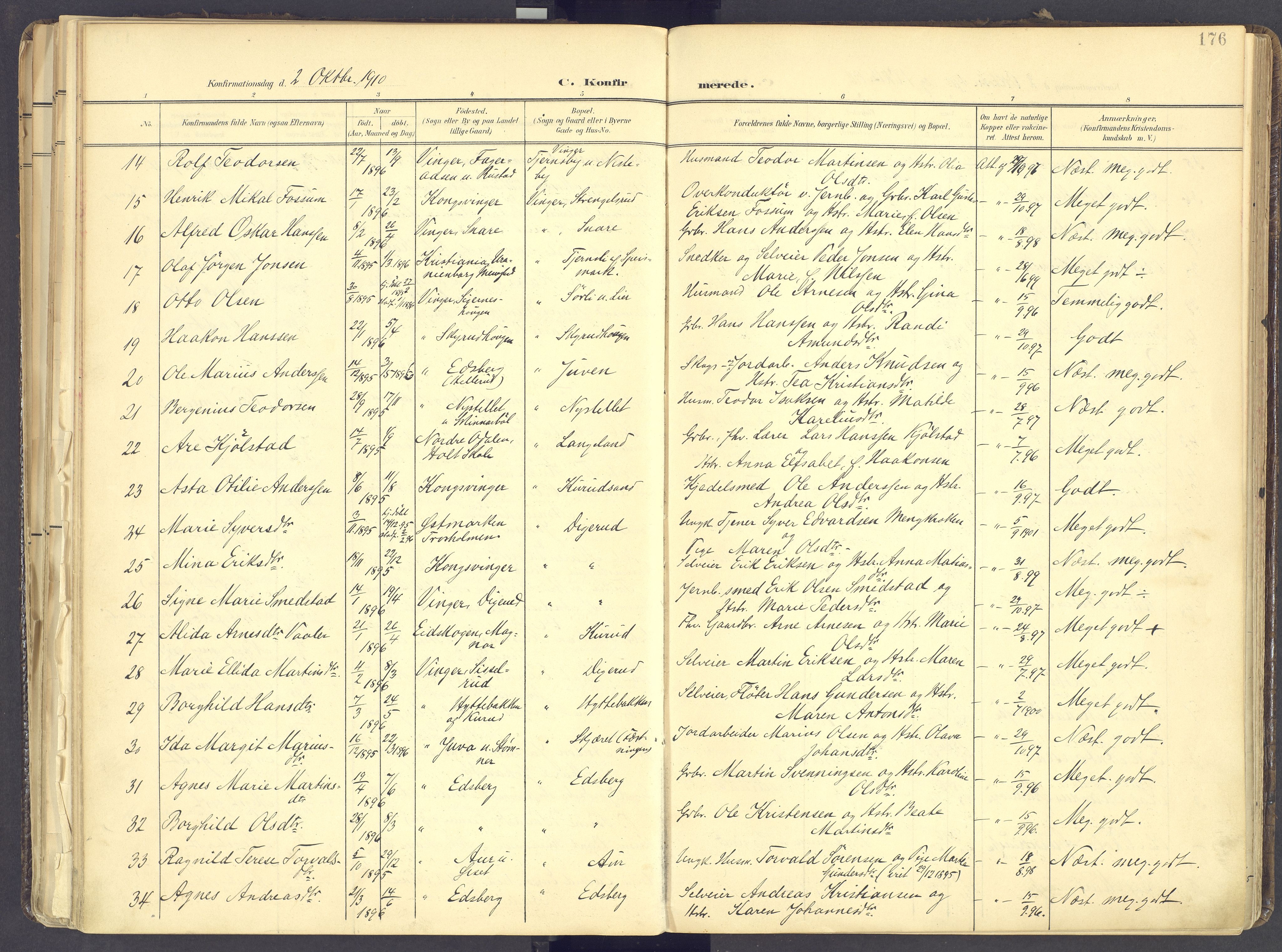 Vinger prestekontor, AV/SAH-PREST-024/H/Ha/Haa/L0017: Parish register (official) no. 17, 1901-1927, p. 176