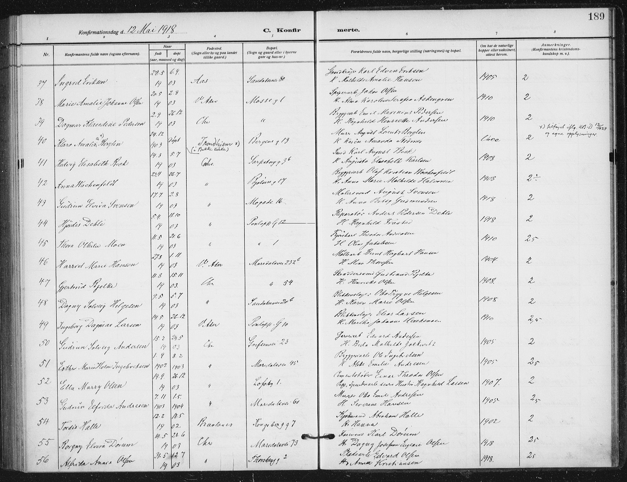 Sagene prestekontor Kirkebøker, SAO/A-10796/F/L0008: Parish register (official) no. 8, 1910-1919, p. 189