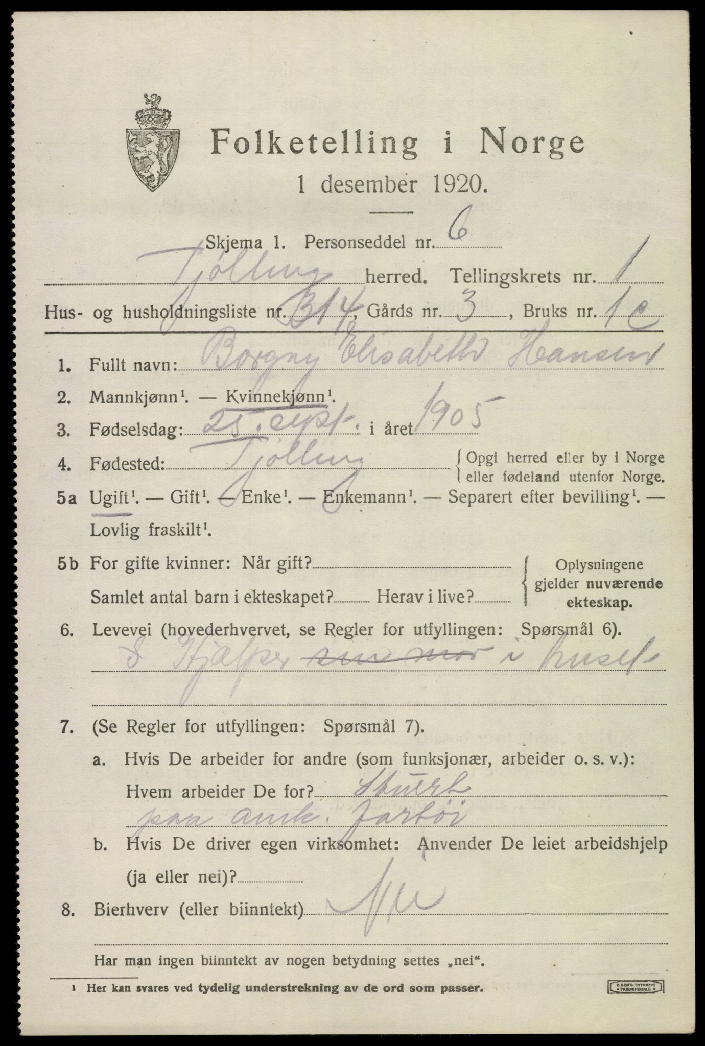 SAKO, 1920 census for Tjølling, 1920, p. 5147