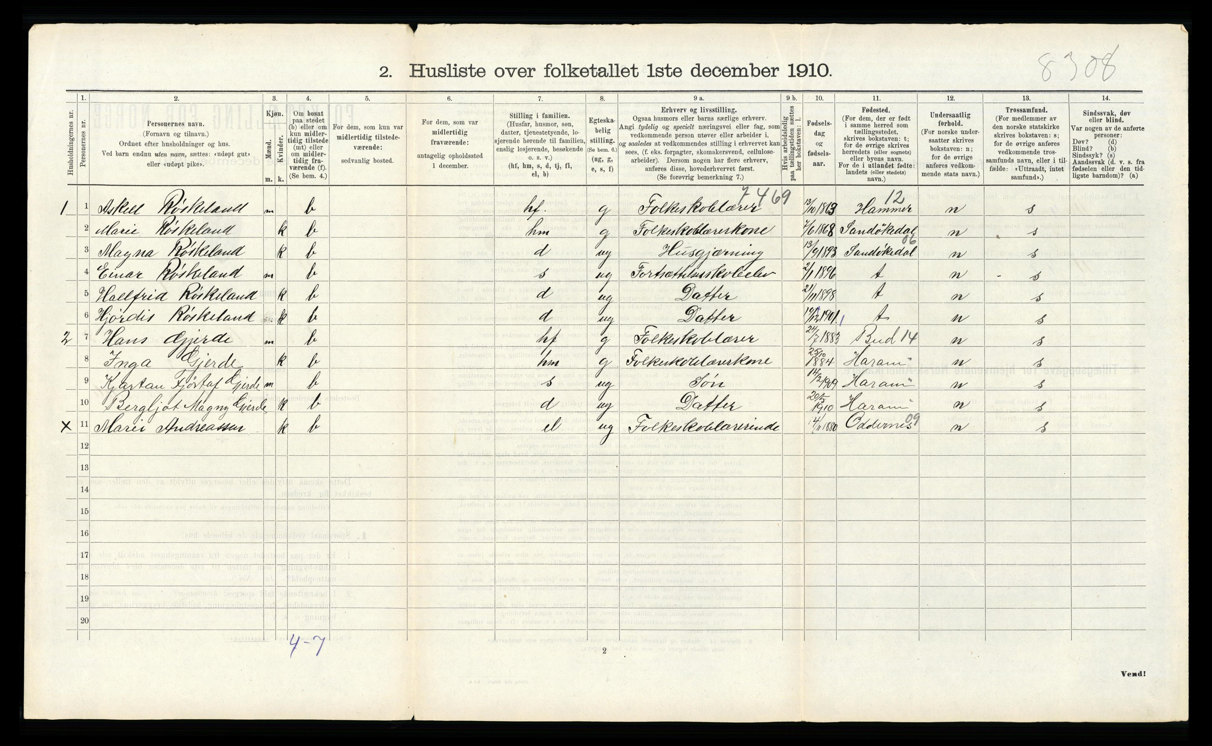 RA, 1910 census for Vennesla, 1910, p. 411