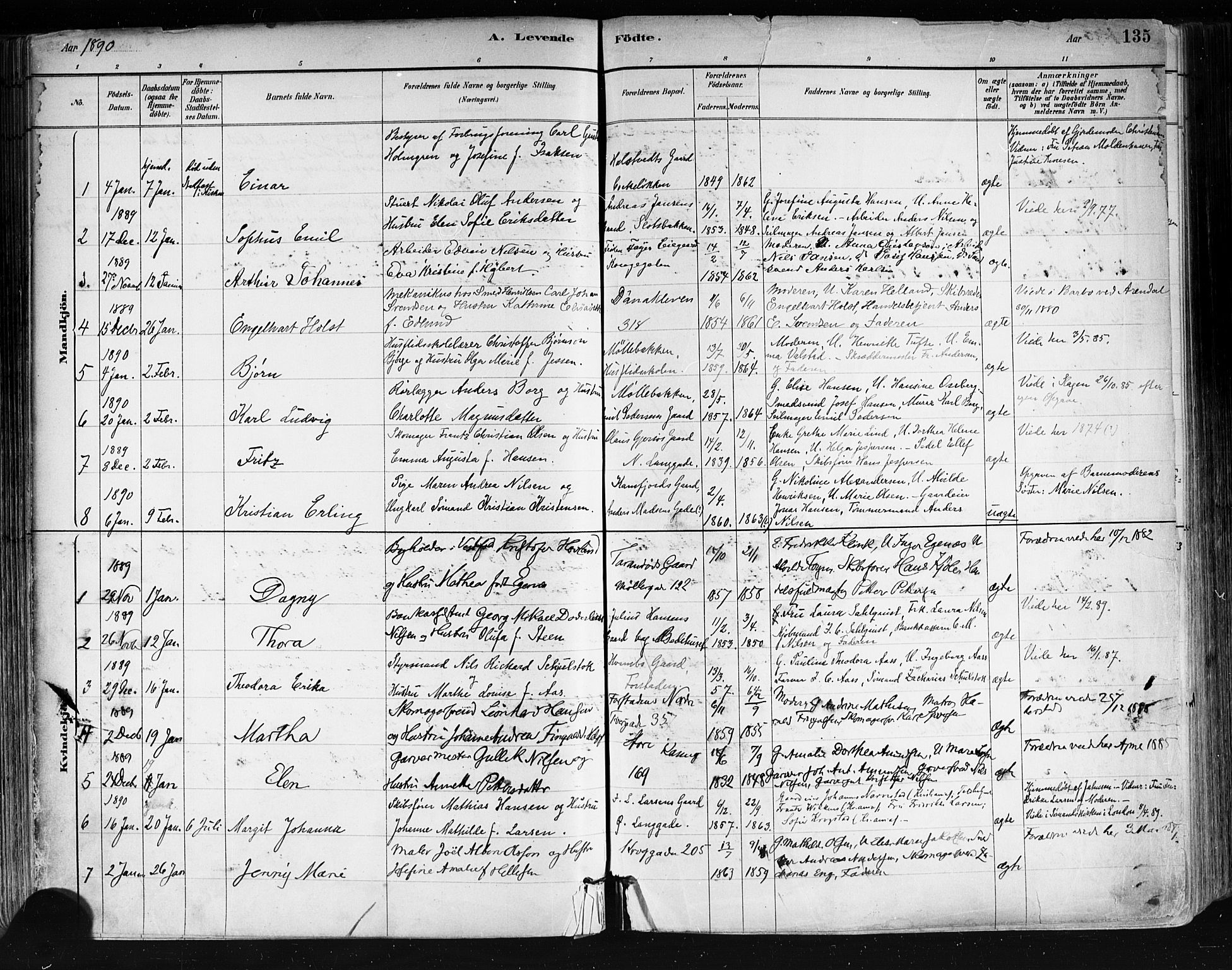 Tønsberg kirkebøker, SAKO/A-330/F/Fa/L0011: Parish register (official) no. I 11, 1881-1890, p. 135