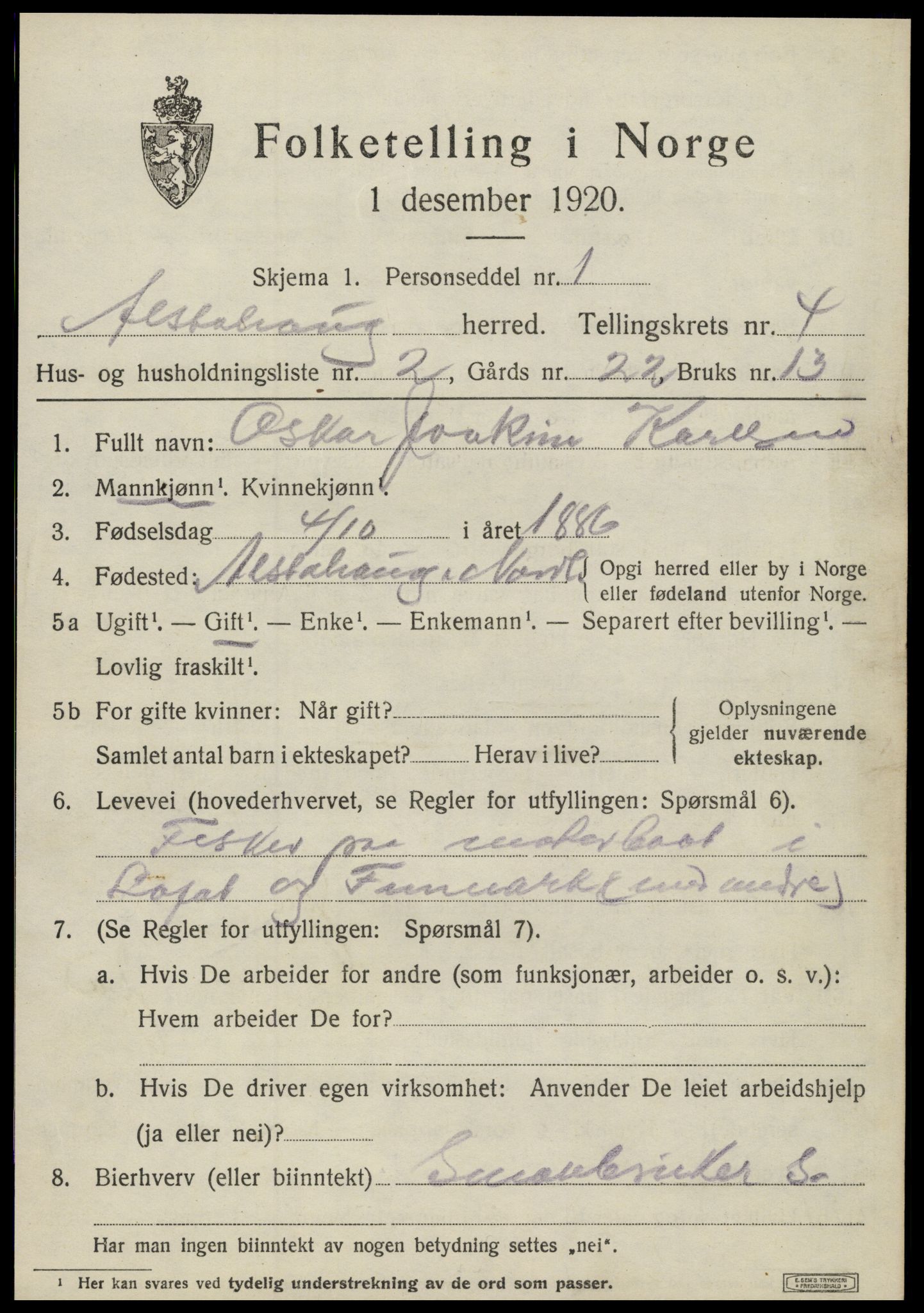 SAT, 1920 census for Alstahaug, 1920, p. 1905