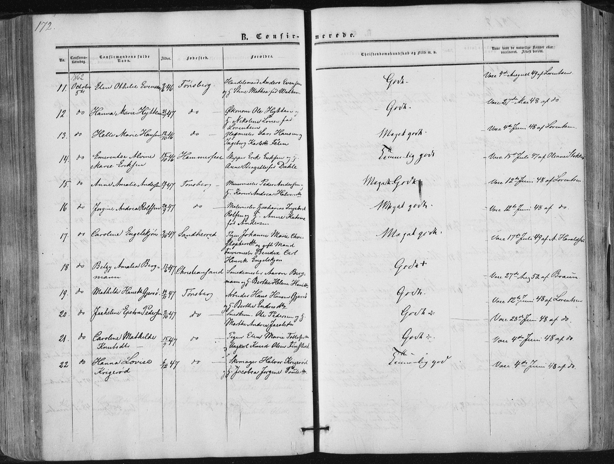 Tønsberg kirkebøker, AV/SAKO-A-330/F/Fa/L0008: Parish register (official) no. I 8, 1855-1864, p. 172