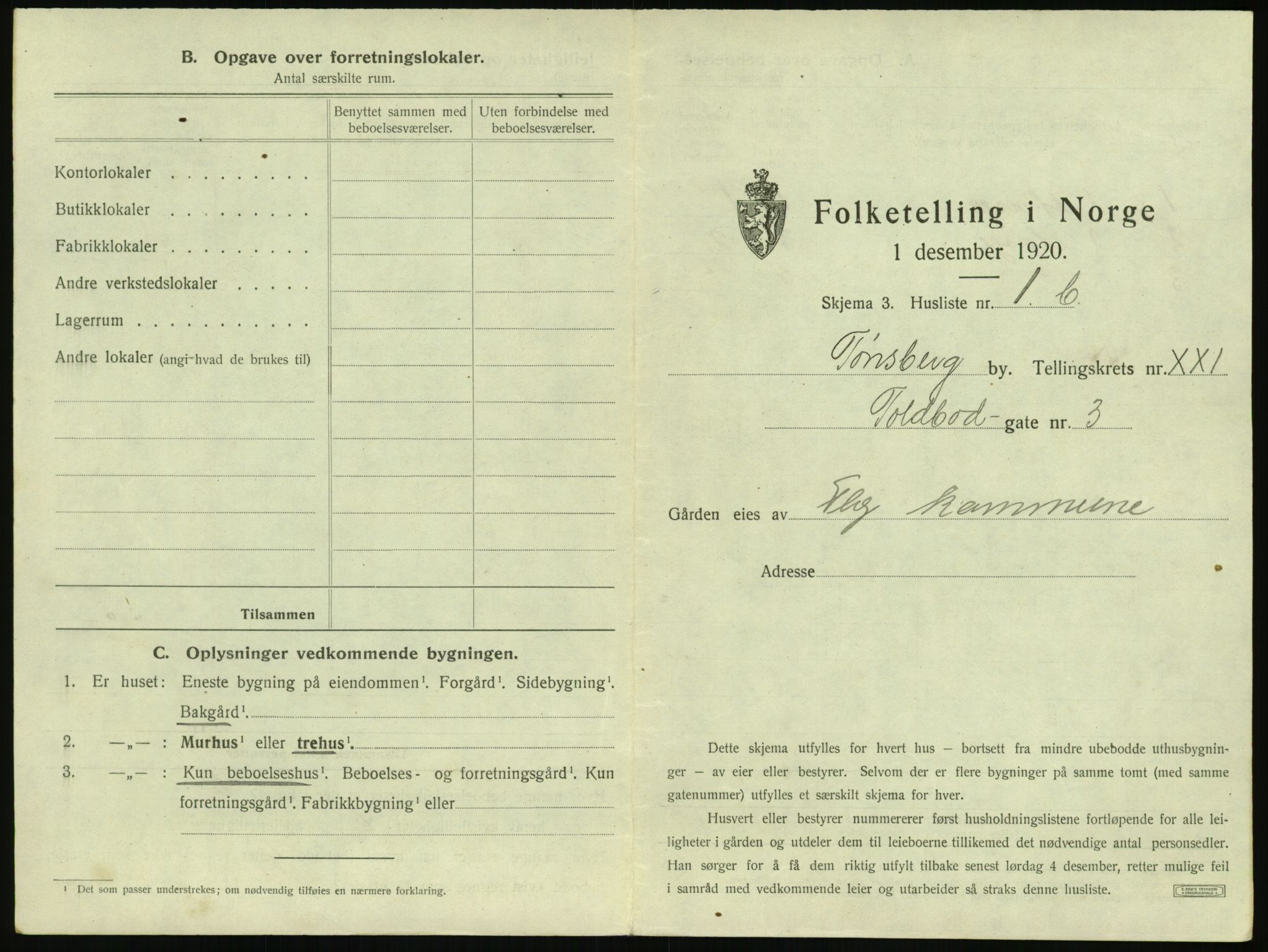 SAKO, 1920 census for Tønsberg, 1920, p. 2103