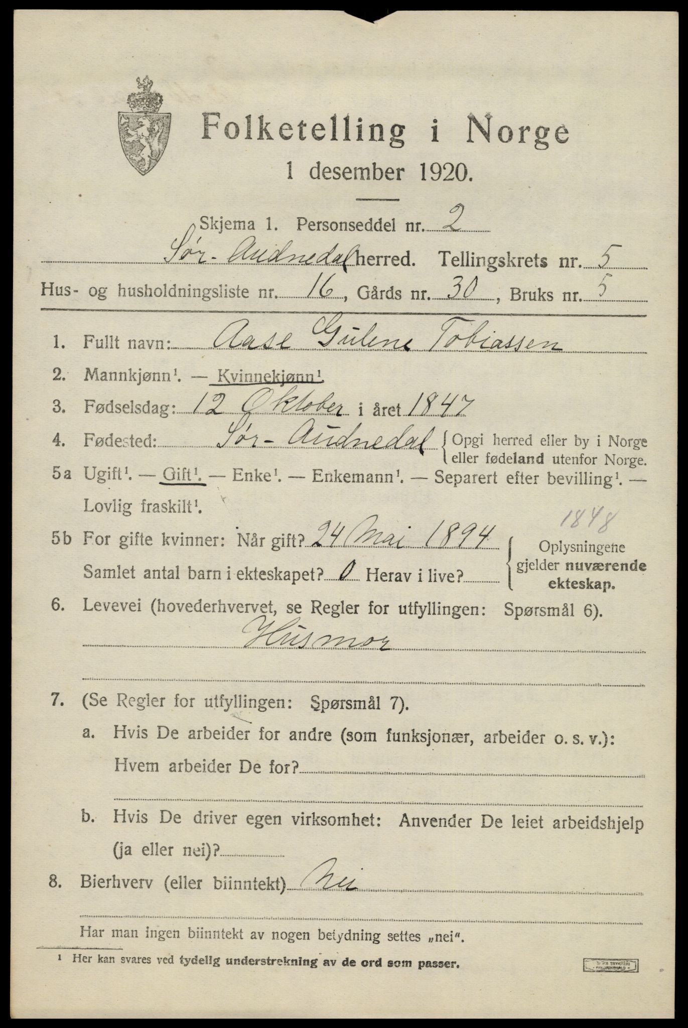 SAK, 1920 census for Sør-Audnedal, 1920, p. 2687