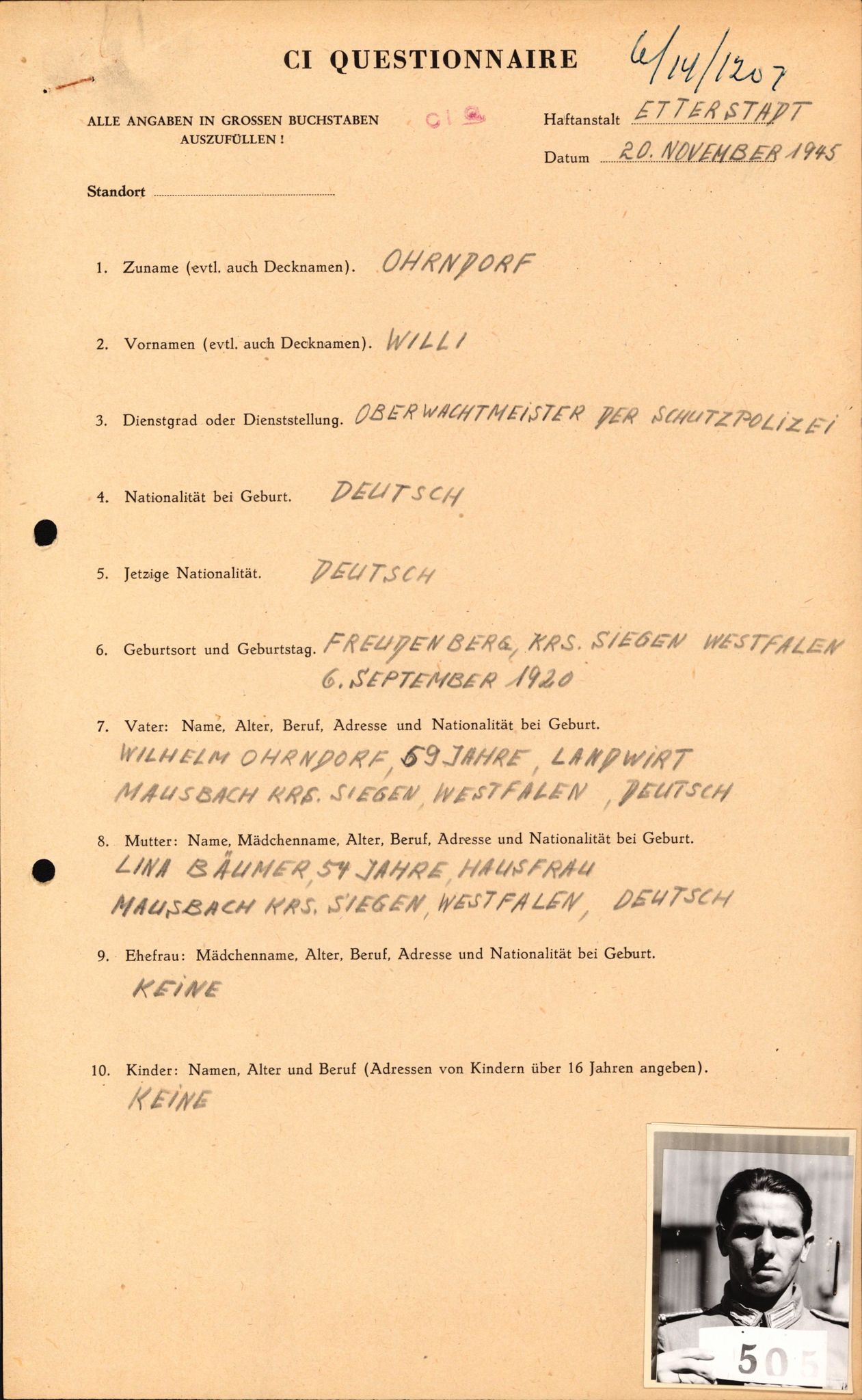 Forsvaret, Forsvarets overkommando II, RA/RAFA-3915/D/Db/L0024: CI Questionaires. Tyske okkupasjonsstyrker i Norge. Tyskere., 1945-1946, p. 500