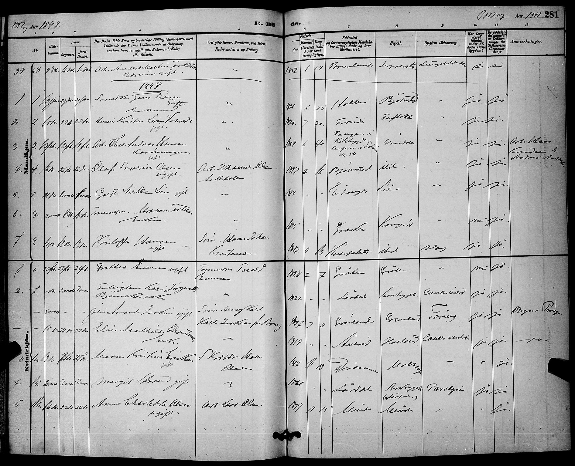 Solum kirkebøker, SAKO/A-306/G/Ga/L0007: Parish register (copy) no. I 7, 1884-1898, p. 281