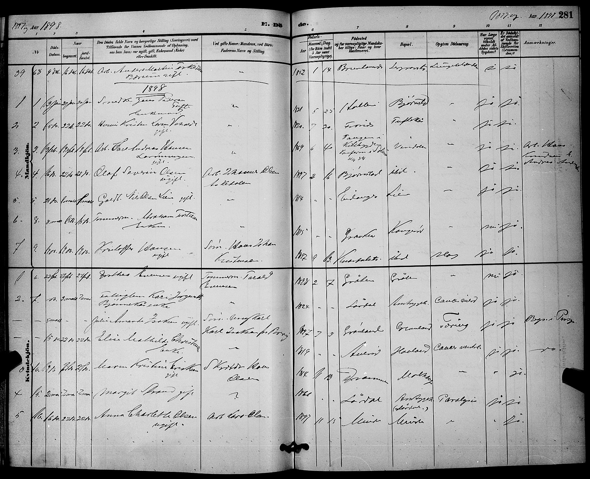 Solum kirkebøker, AV/SAKO-A-306/G/Ga/L0007: Parish register (copy) no. I 7, 1884-1898, p. 281