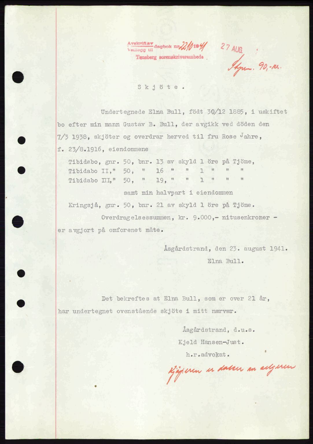 Tønsberg sorenskriveri, AV/SAKO-A-130/G/Ga/Gaa/L0010: Mortgage book no. A10, 1941-1941, Diary no: : 2210/1941