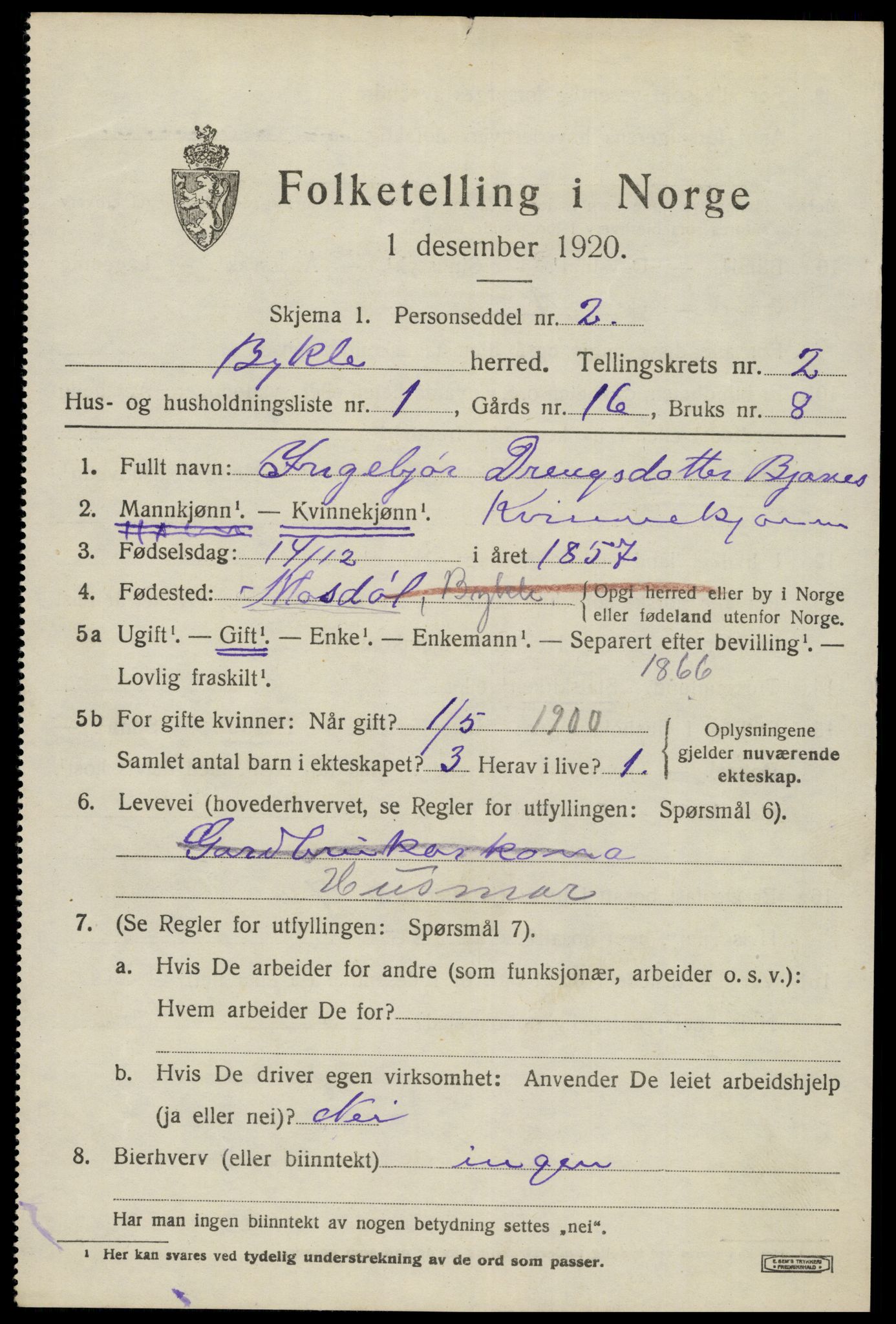 SAK, 1920 census for Bykle, 1920, p. 599