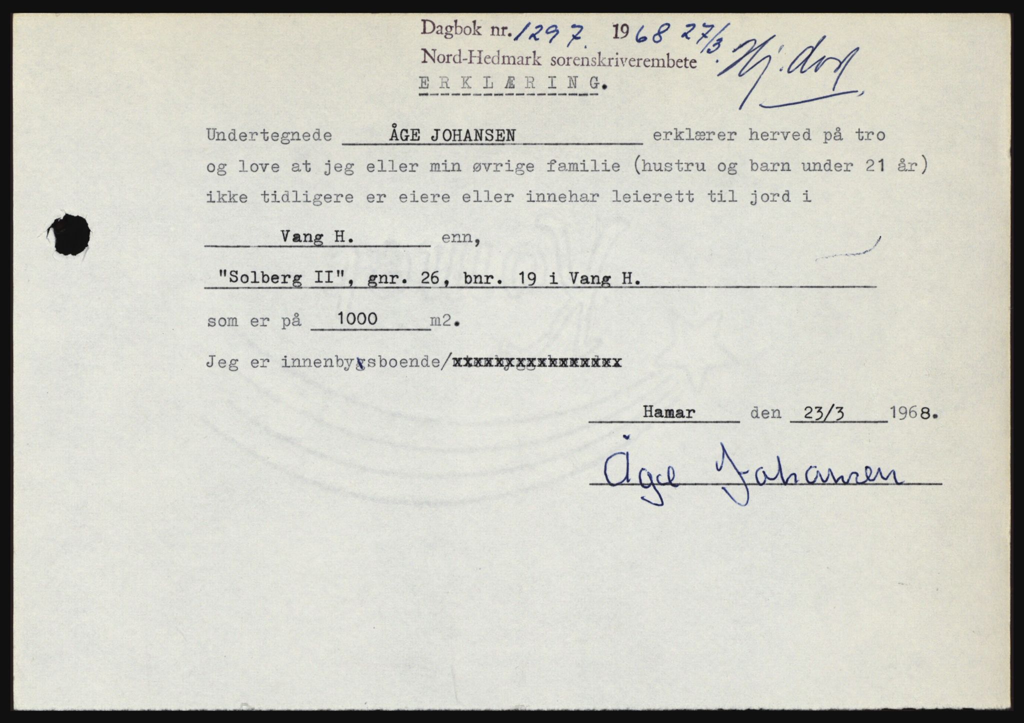 Nord-Hedmark sorenskriveri, AV/SAH-TING-012/H/Hc/L0027: Mortgage book no. 27, 1967-1968, Diary no: : 1297/1968