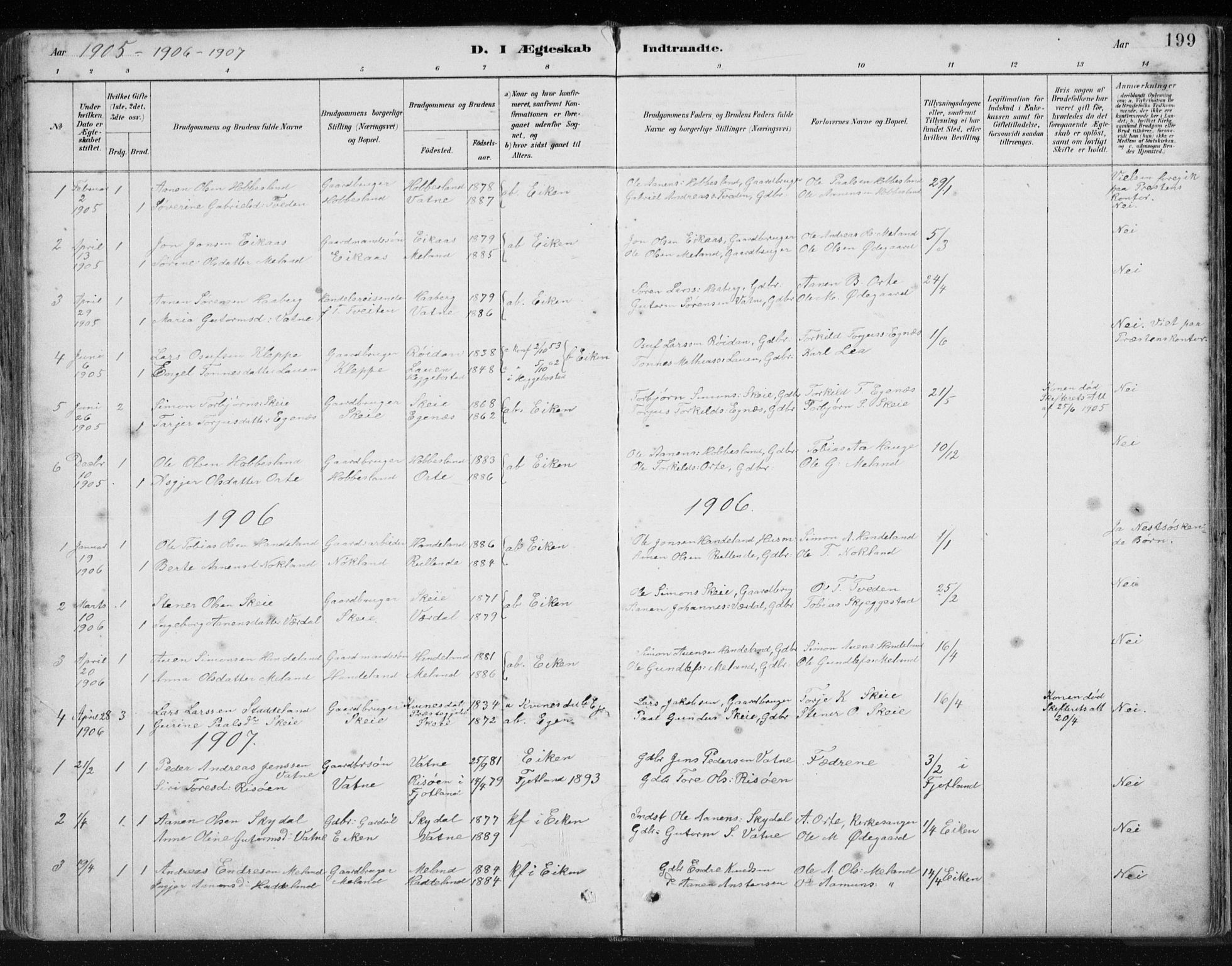 Hægebostad sokneprestkontor, AV/SAK-1111-0024/F/Fb/Fbb/L0003: Parish register (copy) no. B 3, 1887-1937, p. 199