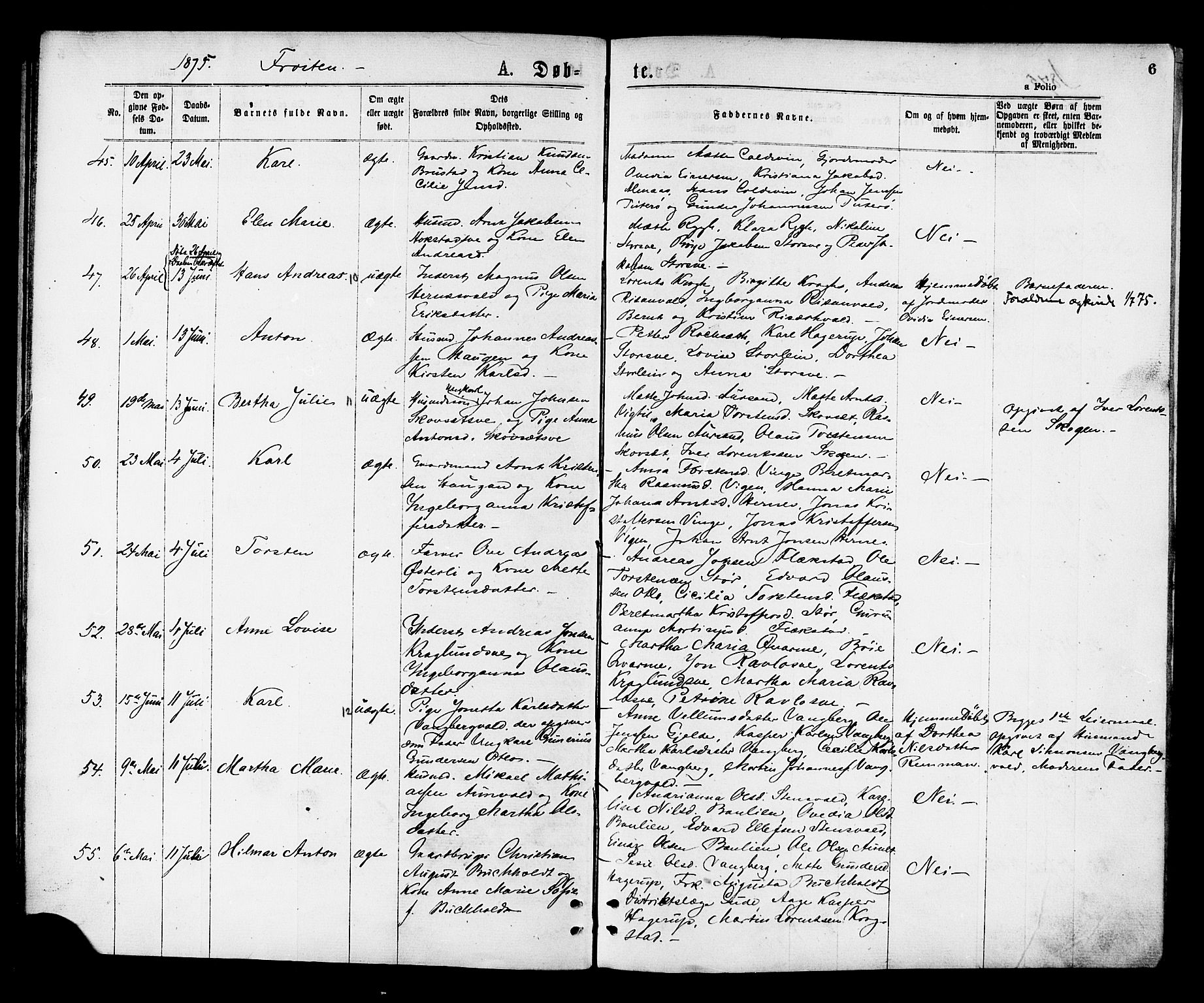 Ministerialprotokoller, klokkerbøker og fødselsregistre - Nord-Trøndelag, AV/SAT-A-1458/713/L0118: Parish register (official) no. 713A08 /1, 1875-1877, p. 6