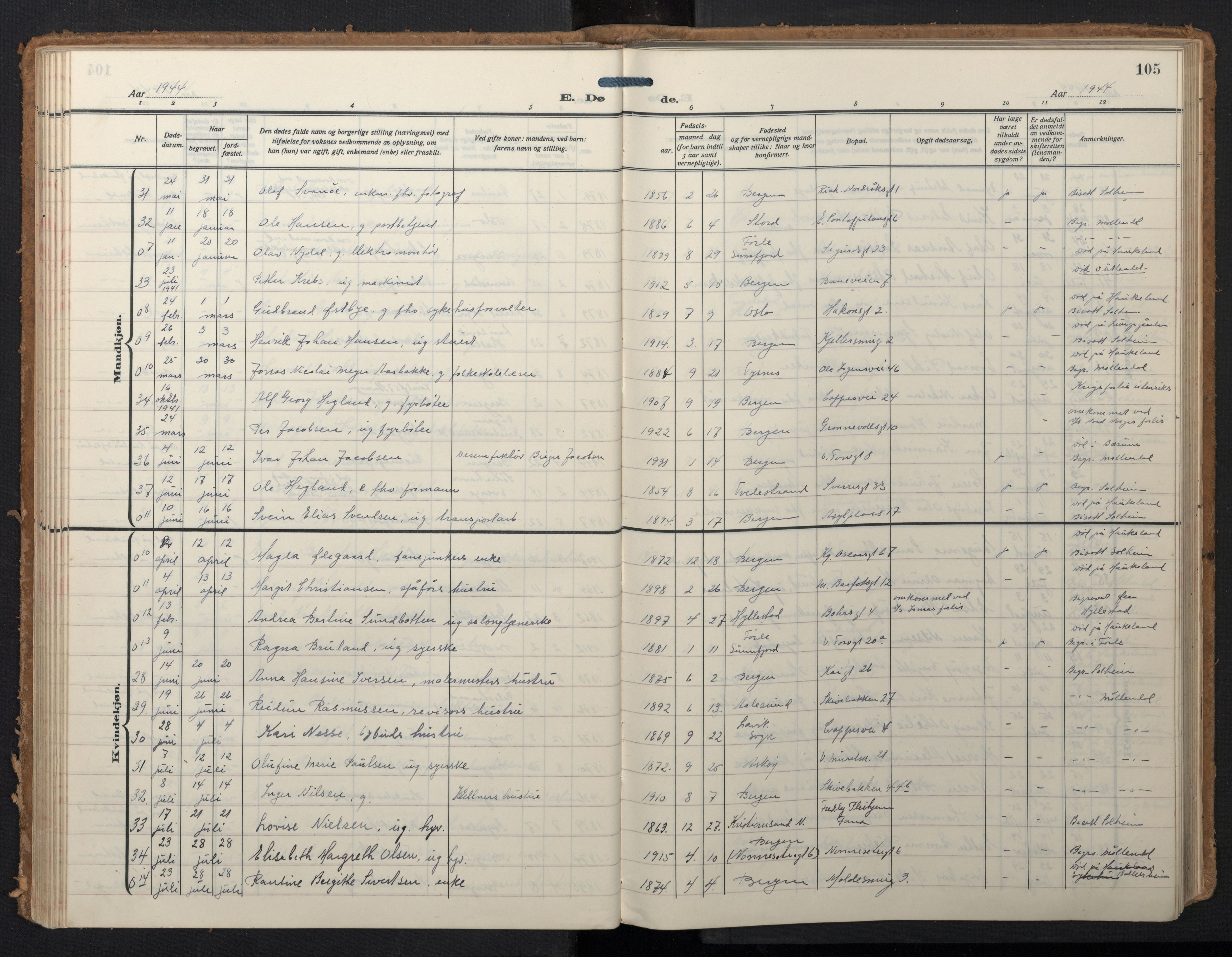 Domkirken sokneprestembete, AV/SAB-A-74801/H/Hab/L0043: Parish register (copy) no. E 7, 1929-1965, p. 104b-105a