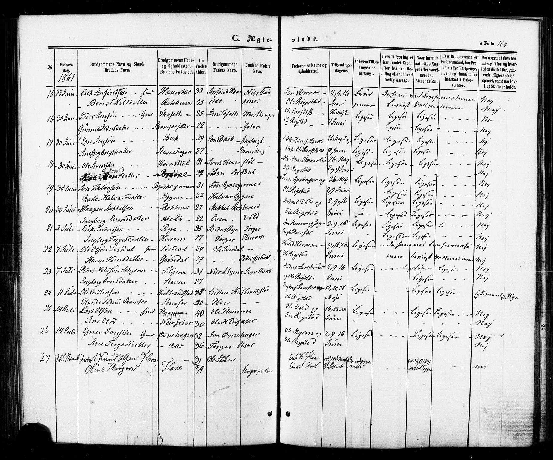 Ministerialprotokoller, klokkerbøker og fødselsregistre - Sør-Trøndelag, SAT/A-1456/674/L0870: Parish register (official) no. 674A02, 1861-1879, p. 164