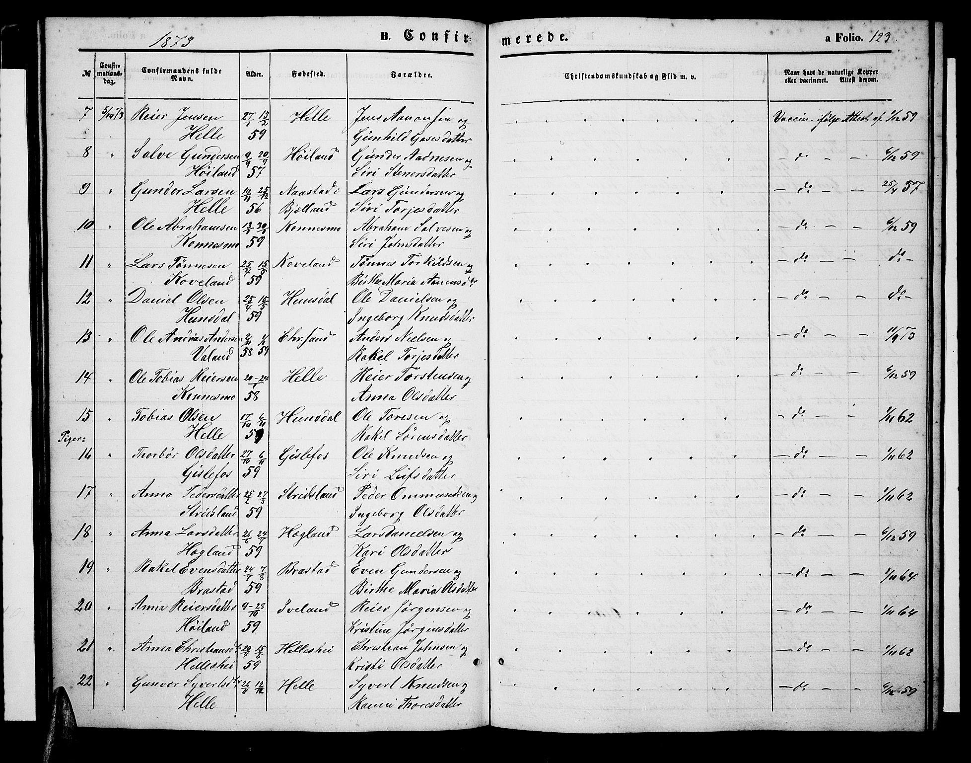 Nord-Audnedal sokneprestkontor, AV/SAK-1111-0032/F/Fb/Fba/L0002: Parish register (copy) no. B 2, 1856-1882, p. 123