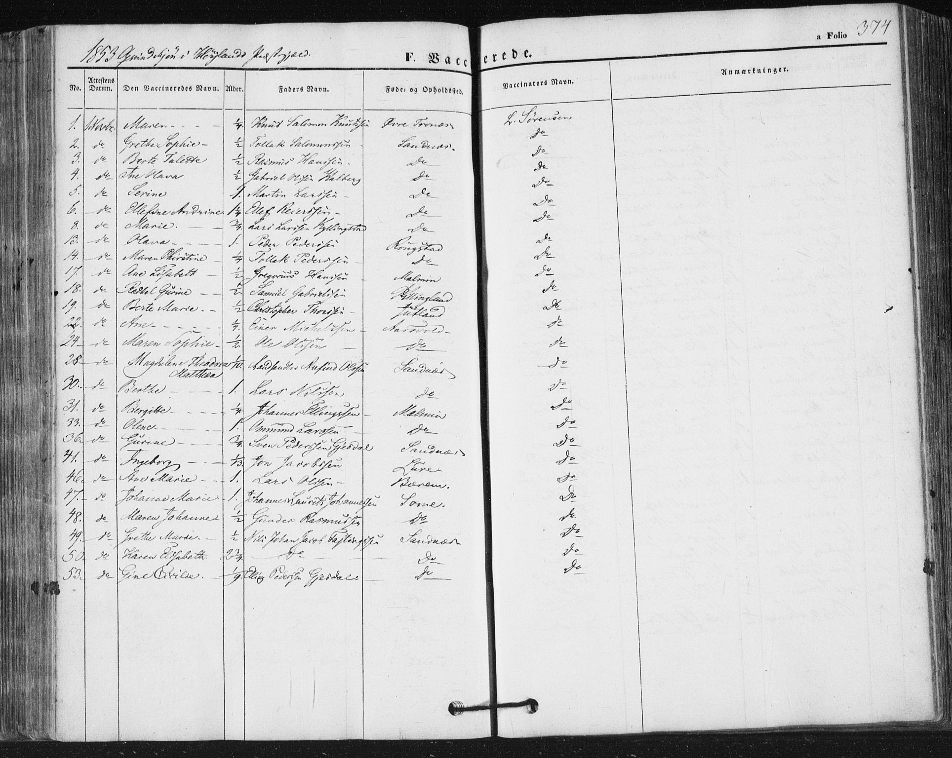 Høyland sokneprestkontor, SAST/A-101799/001/30BA/L0008: Parish register (official) no. A 8, 1841-1856, p. 374