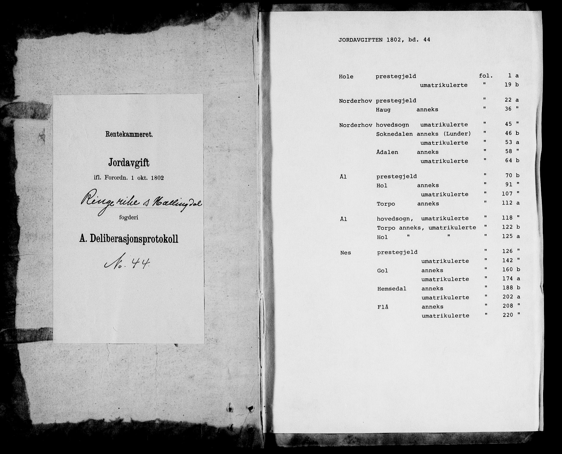 Rentekammeret inntil 1814, Realistisk ordnet avdeling, RA/EA-4070/N/Ne/Nea/L0044: Ringerike og Hallingdal fogderi. Deliberasjonsprotokoll, 1803, p. 1