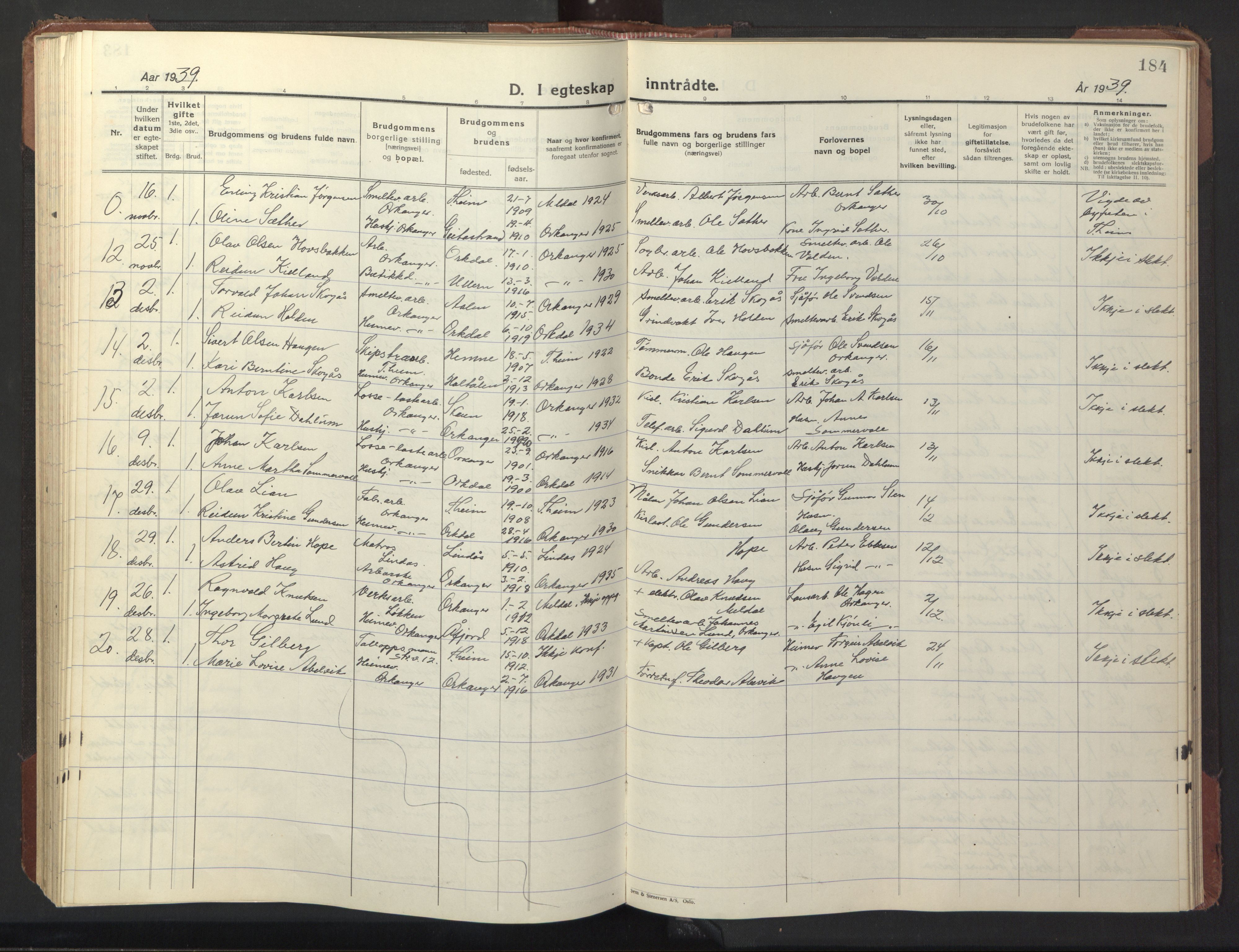 Ministerialprotokoller, klokkerbøker og fødselsregistre - Sør-Trøndelag, SAT/A-1456/669/L0832: Parish register (copy) no. 669C02, 1925-1953, p. 184