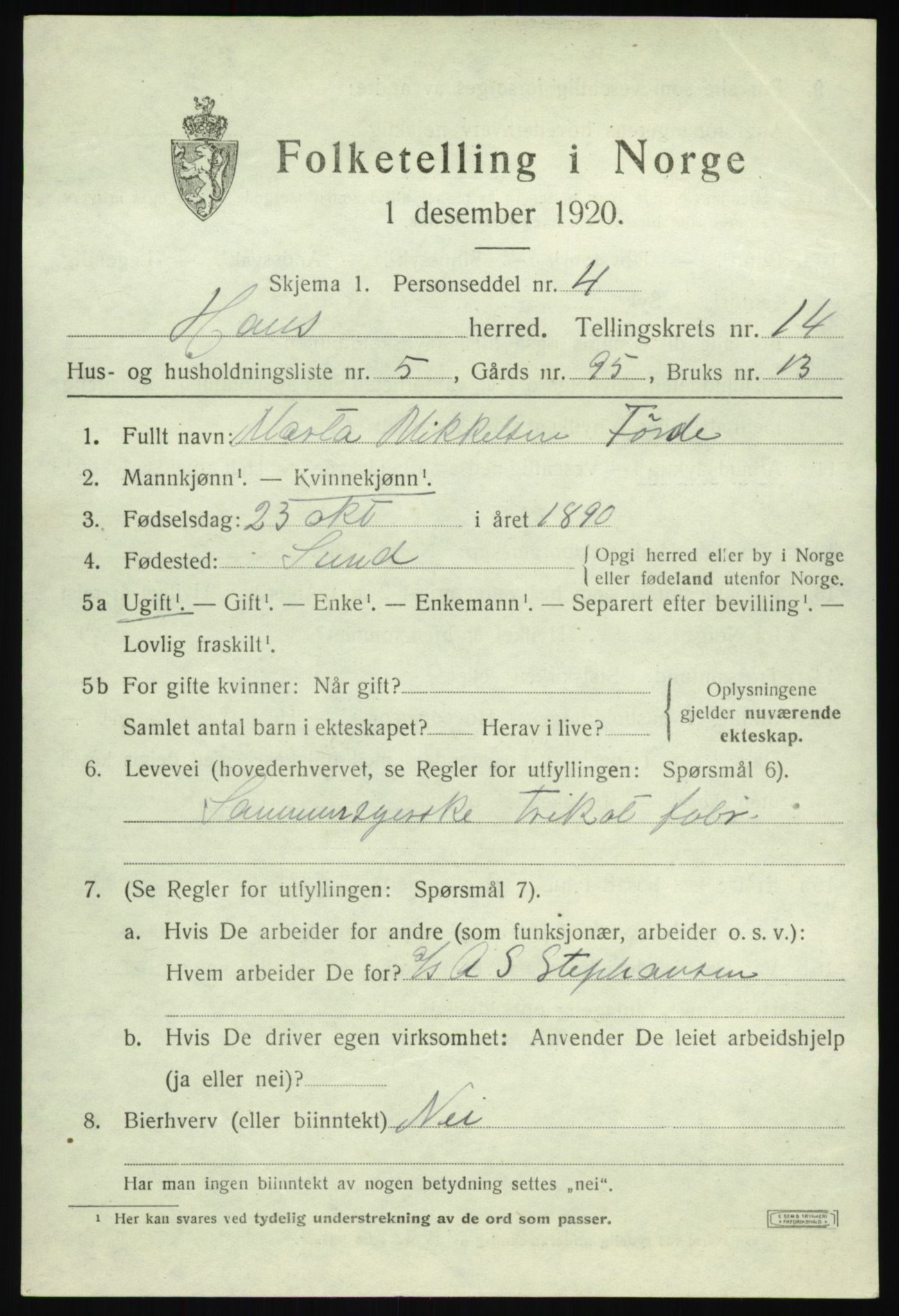 SAB, 1920 census for Haus, 1920, p. 8843