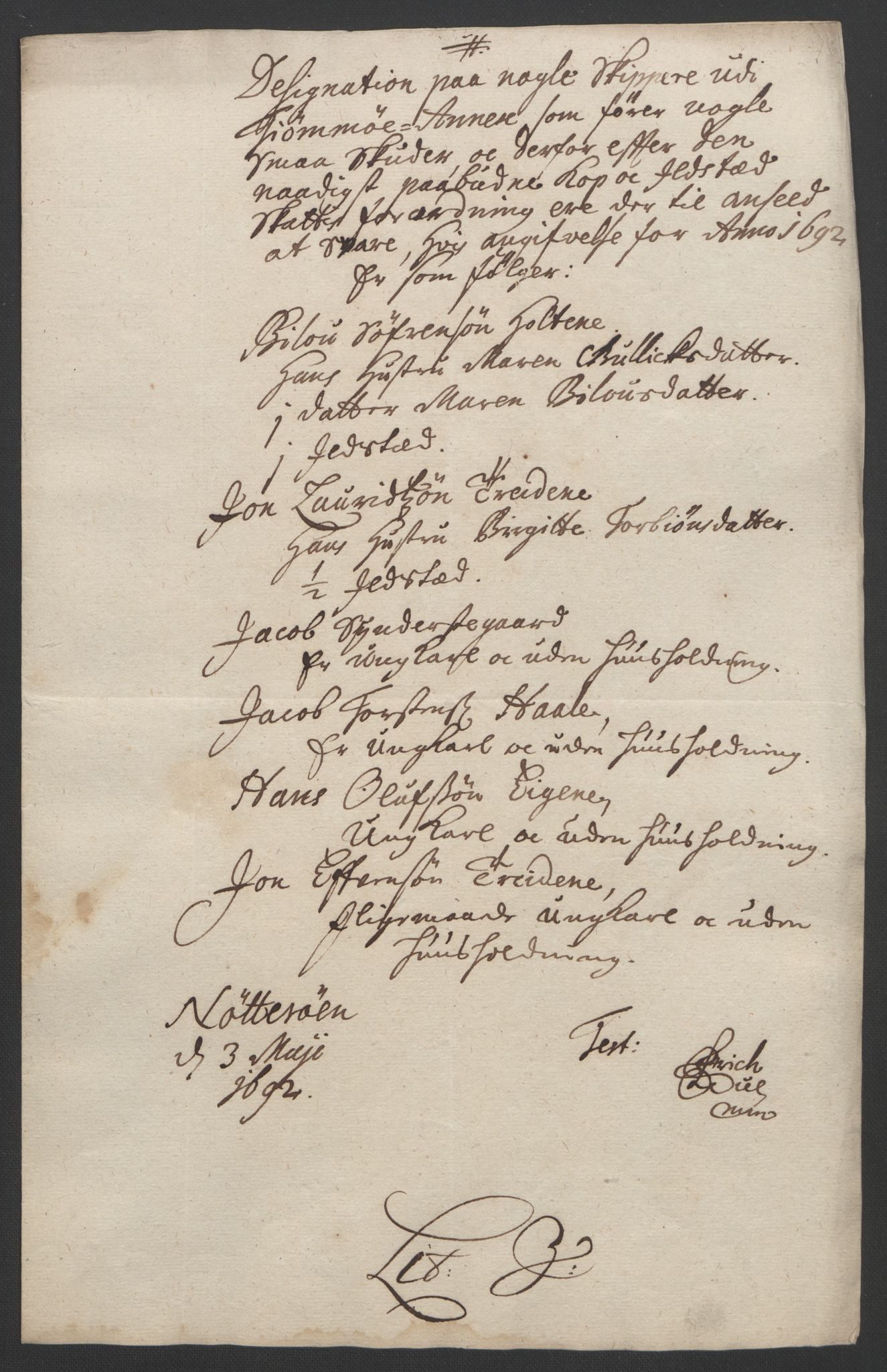 Rentekammeret inntil 1814, Reviderte regnskaper, Fogderegnskap, AV/RA-EA-4092/R33/L1973: Fogderegnskap Larvik grevskap, 1692, p. 132