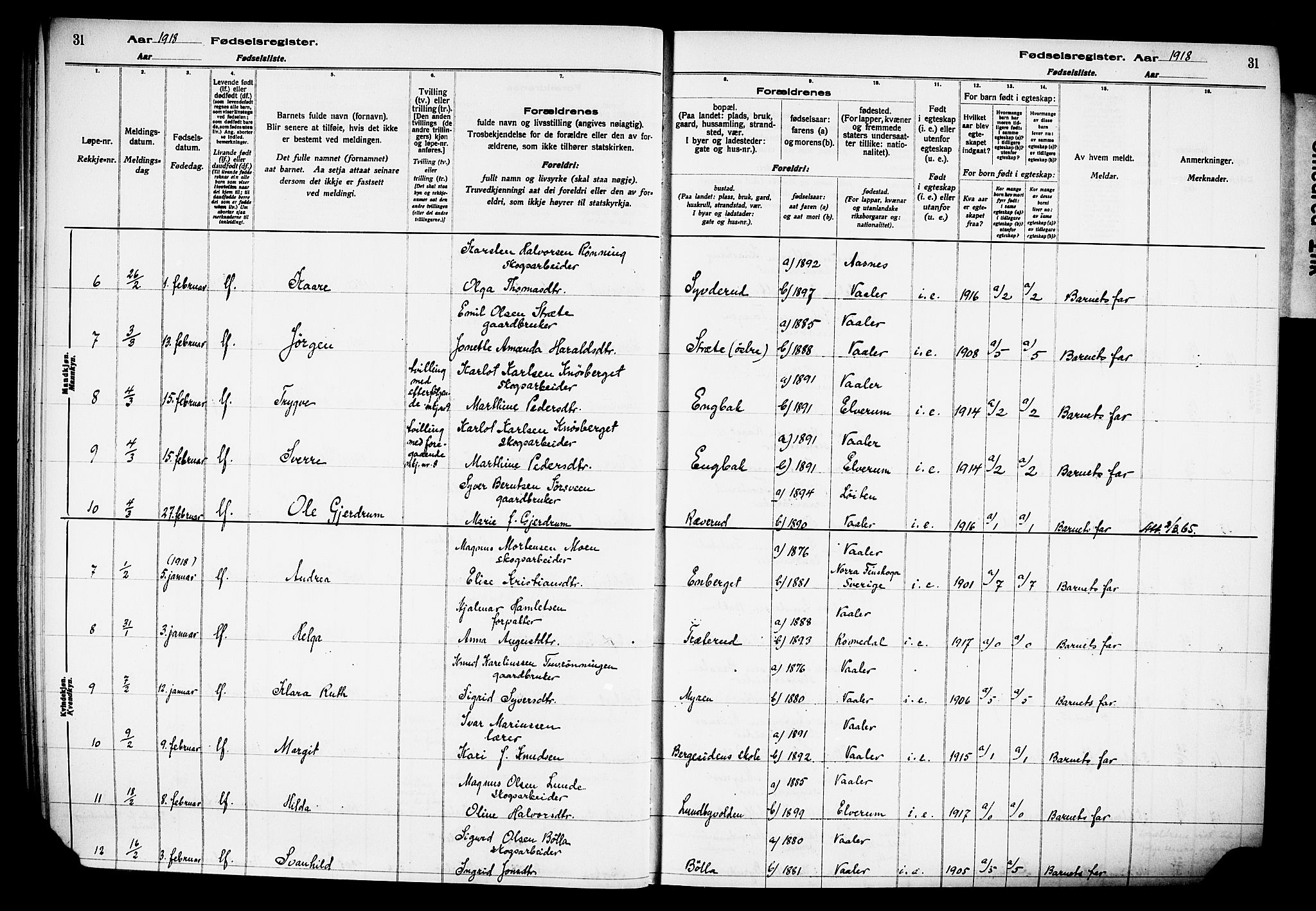 Våler prestekontor, Hedmark, AV/SAH-PREST-040/I/Id/L0001: Birth register no. 1, 1916-1930, p. 31