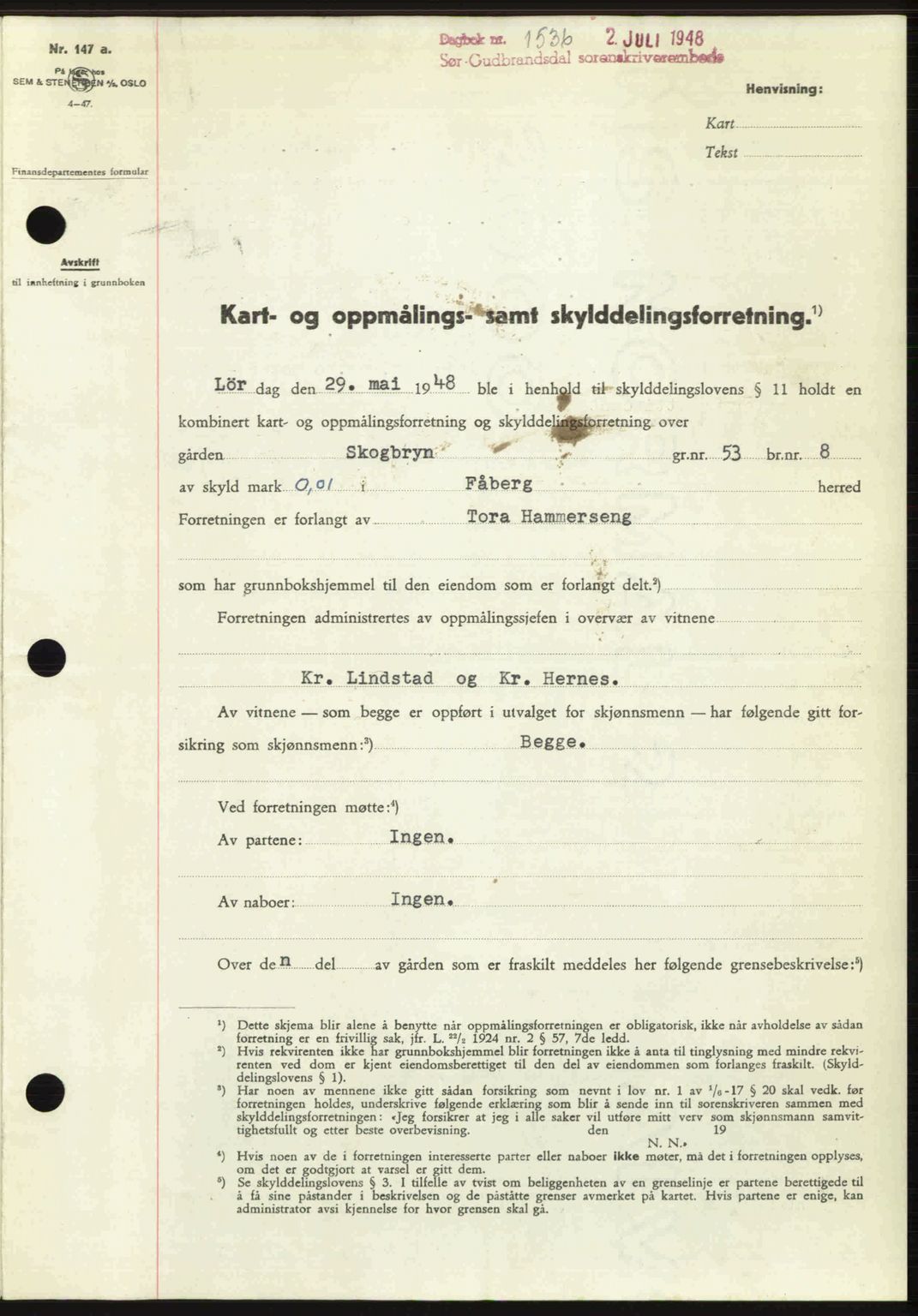 Sør-Gudbrandsdal tingrett, SAH/TING-004/H/Hb/Hbd/L0022: Mortgage book no. A22, 1948-1948, Diary no: : 1536/1948