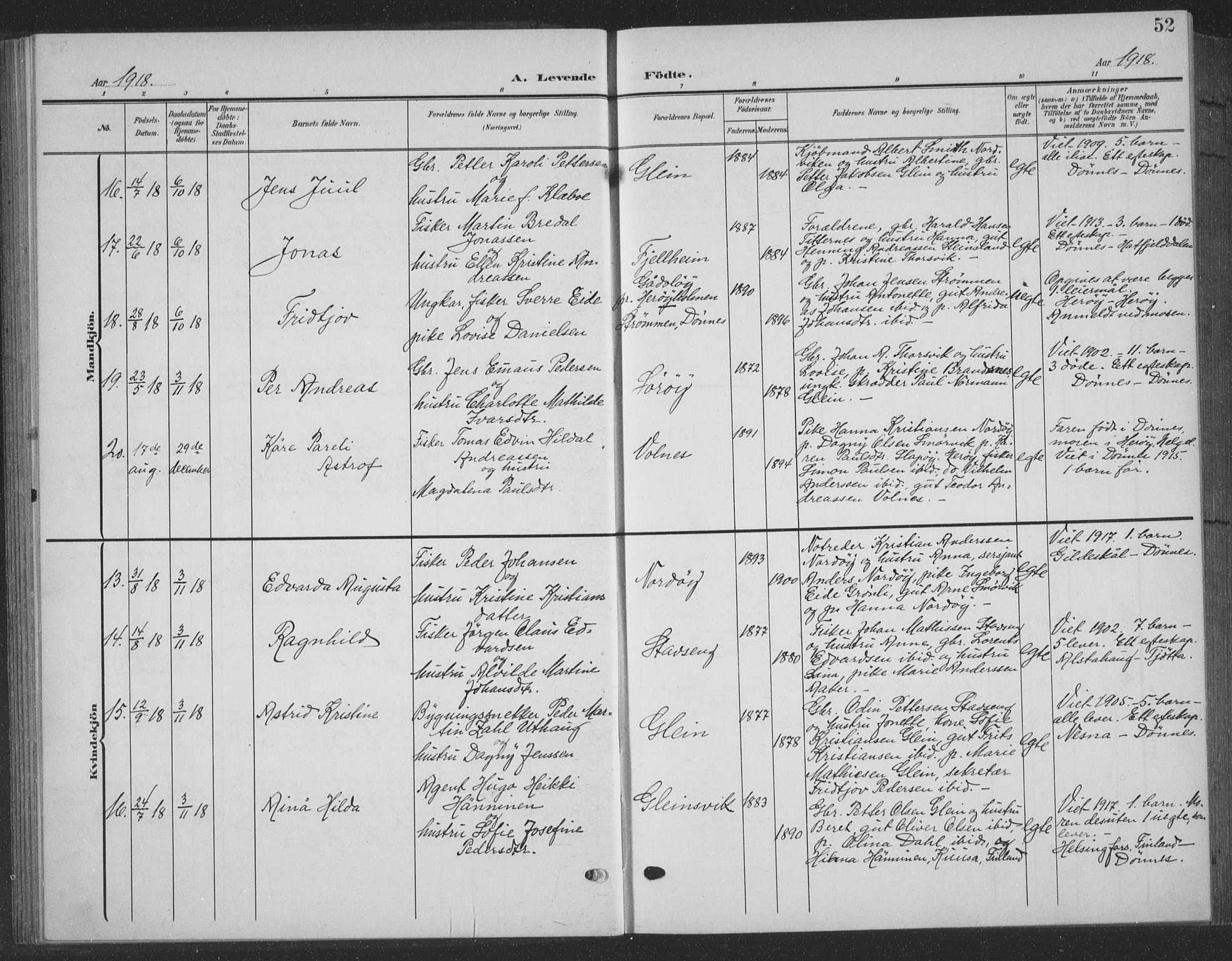 Ministerialprotokoller, klokkerbøker og fødselsregistre - Nordland, AV/SAT-A-1459/835/L0533: Parish register (copy) no. 835C05, 1906-1939, p. 52