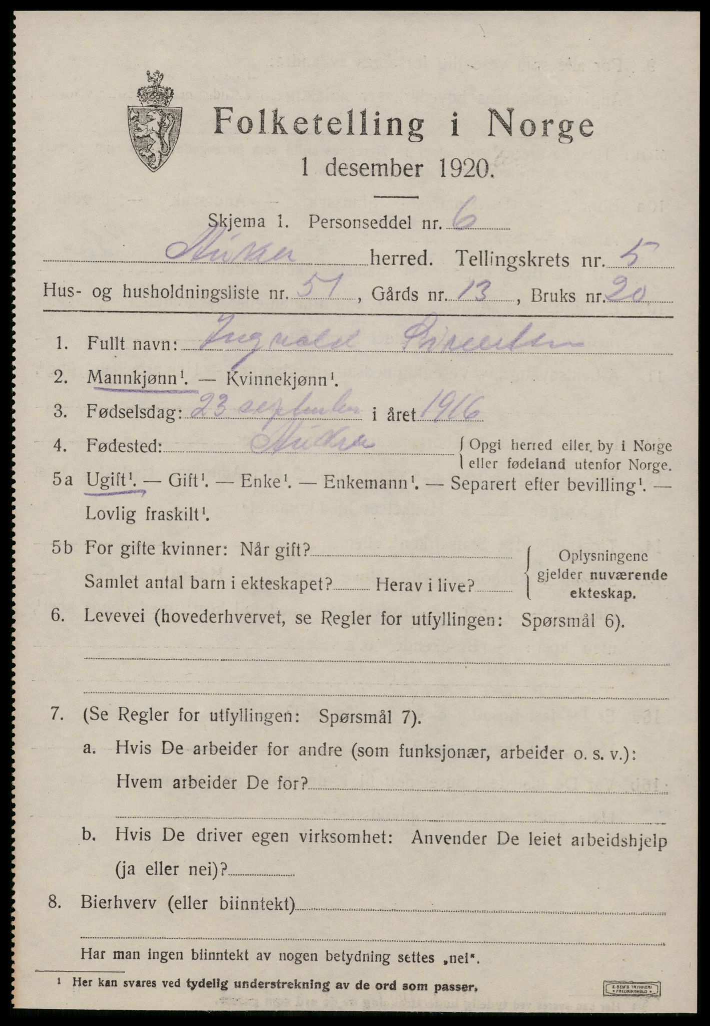 SAT, 1920 census for Aukra, 1920, p. 3939