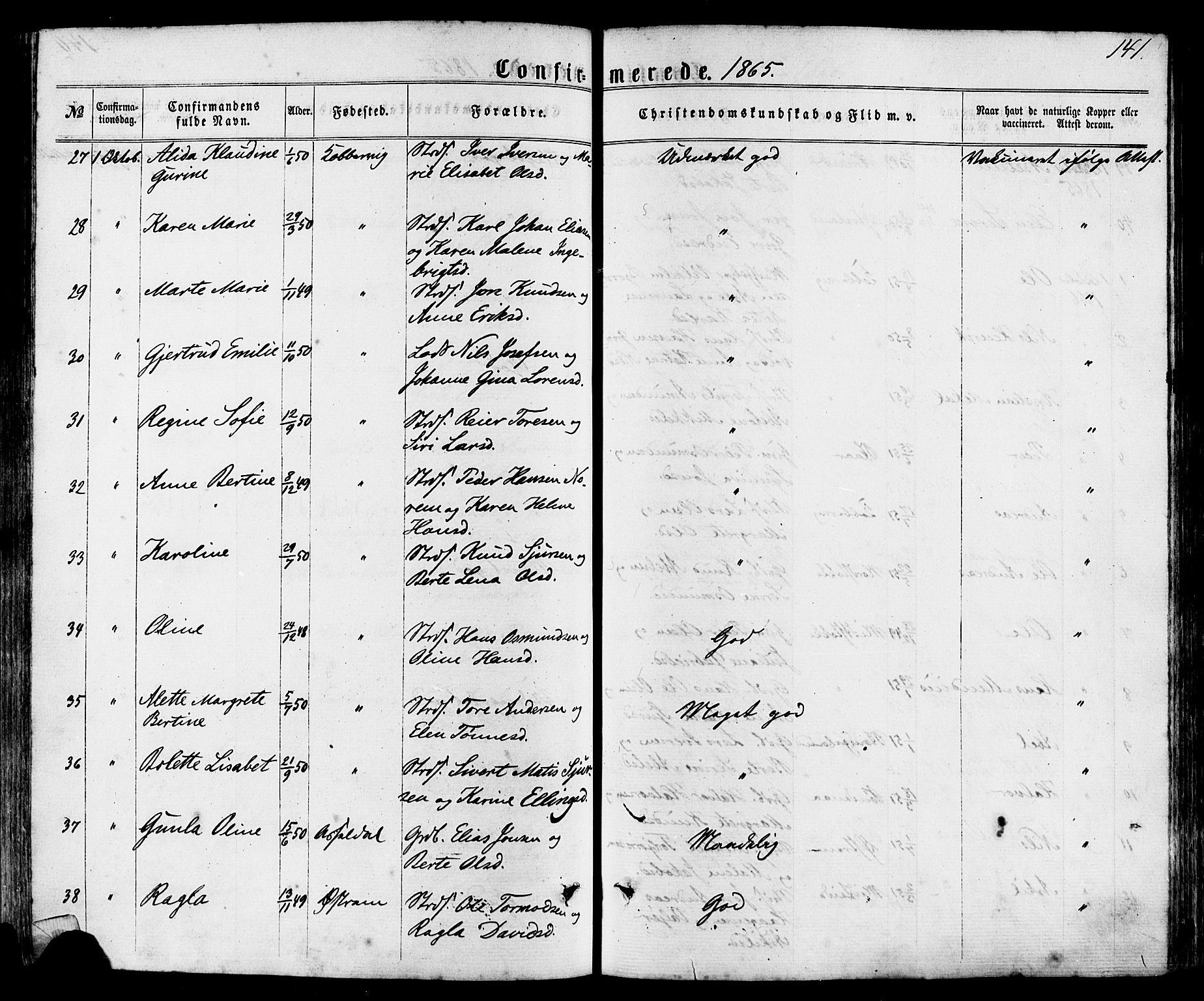 Avaldsnes sokneprestkontor, SAST/A -101851/H/Ha/Haa/L0011: Parish register (official) no. A 11, 1861-1880, p. 141