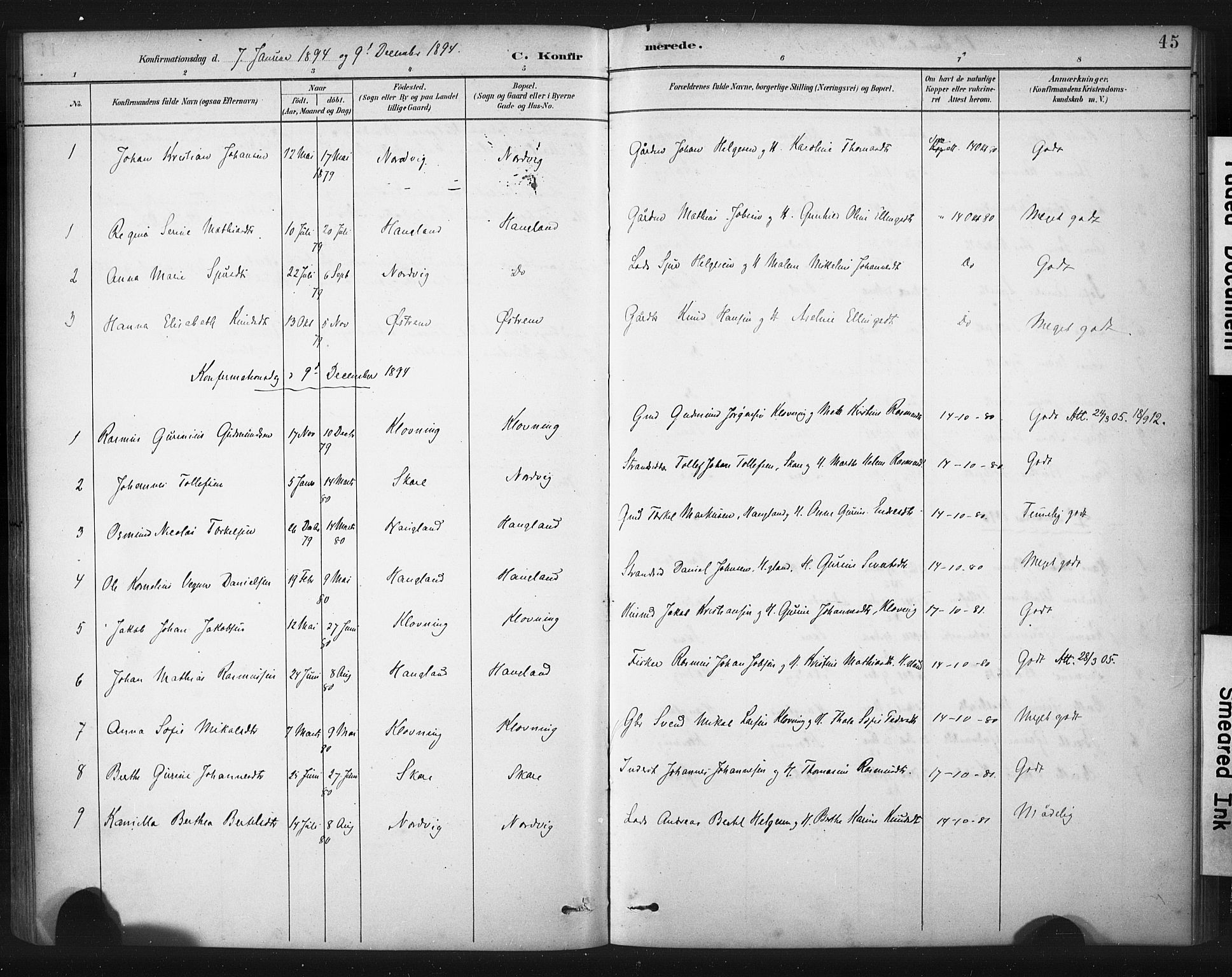 Torvastad sokneprestkontor, AV/SAST-A -101857/H/Ha/Haa/L0016: Parish register (official) no. A 15, 1883-1903, p. 45