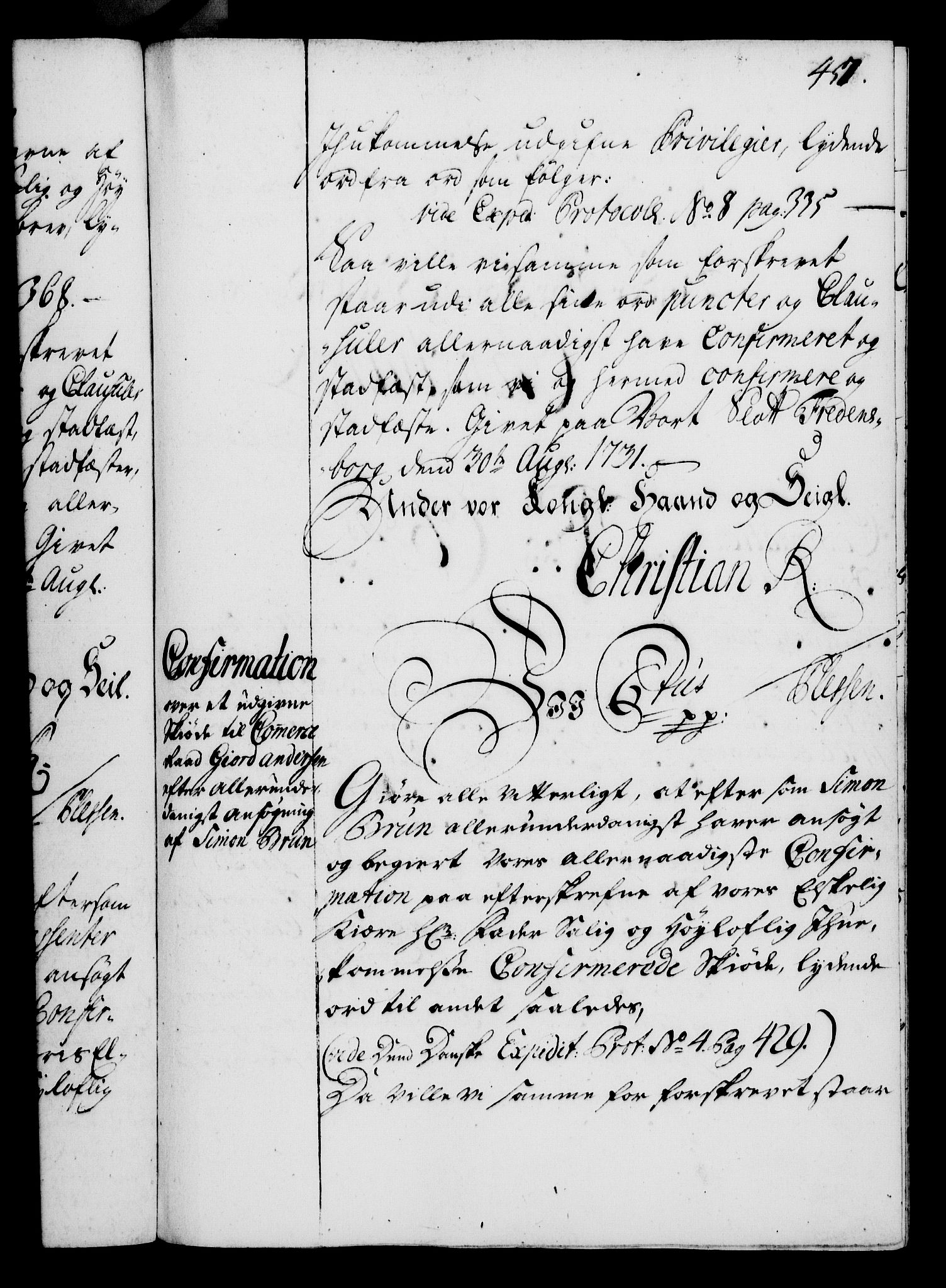 Rentekammeret, Kammerkanselliet, AV/RA-EA-3111/G/Gg/Gga/L0003: Norsk ekspedisjonsprotokoll med register (merket RK 53.3), 1727-1734, p. 457